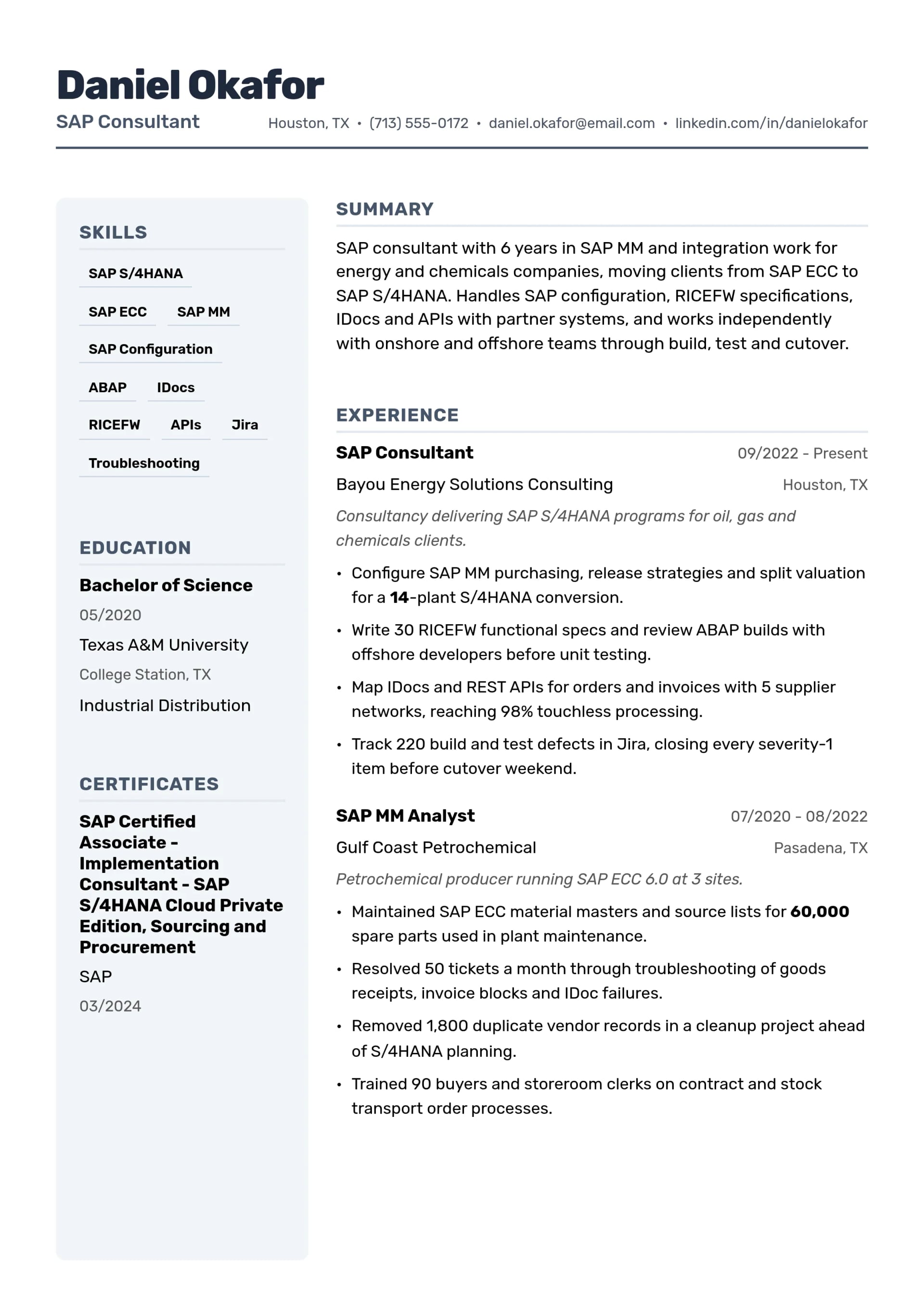 SAP Consultant resume example