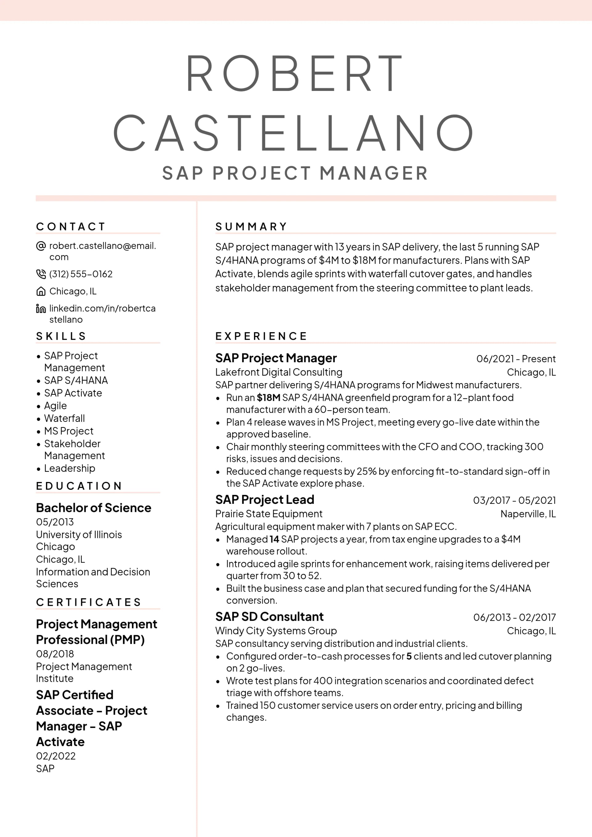 SAP Project Manager resume example