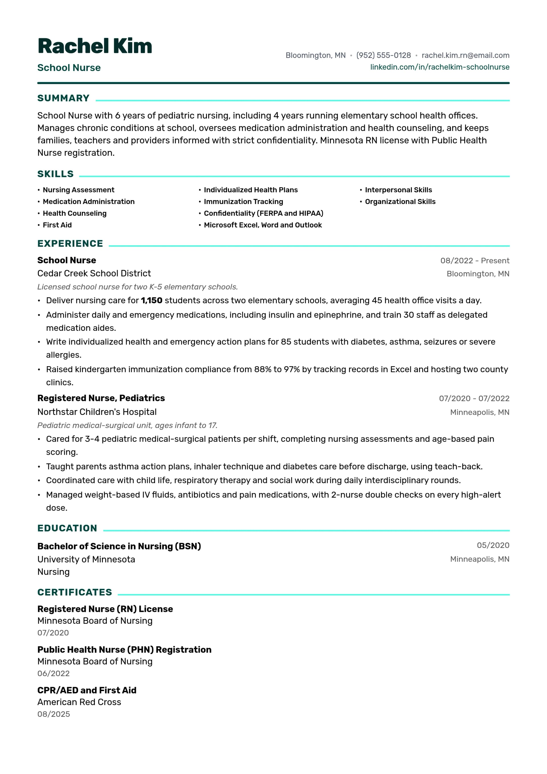 School Nurse resume example