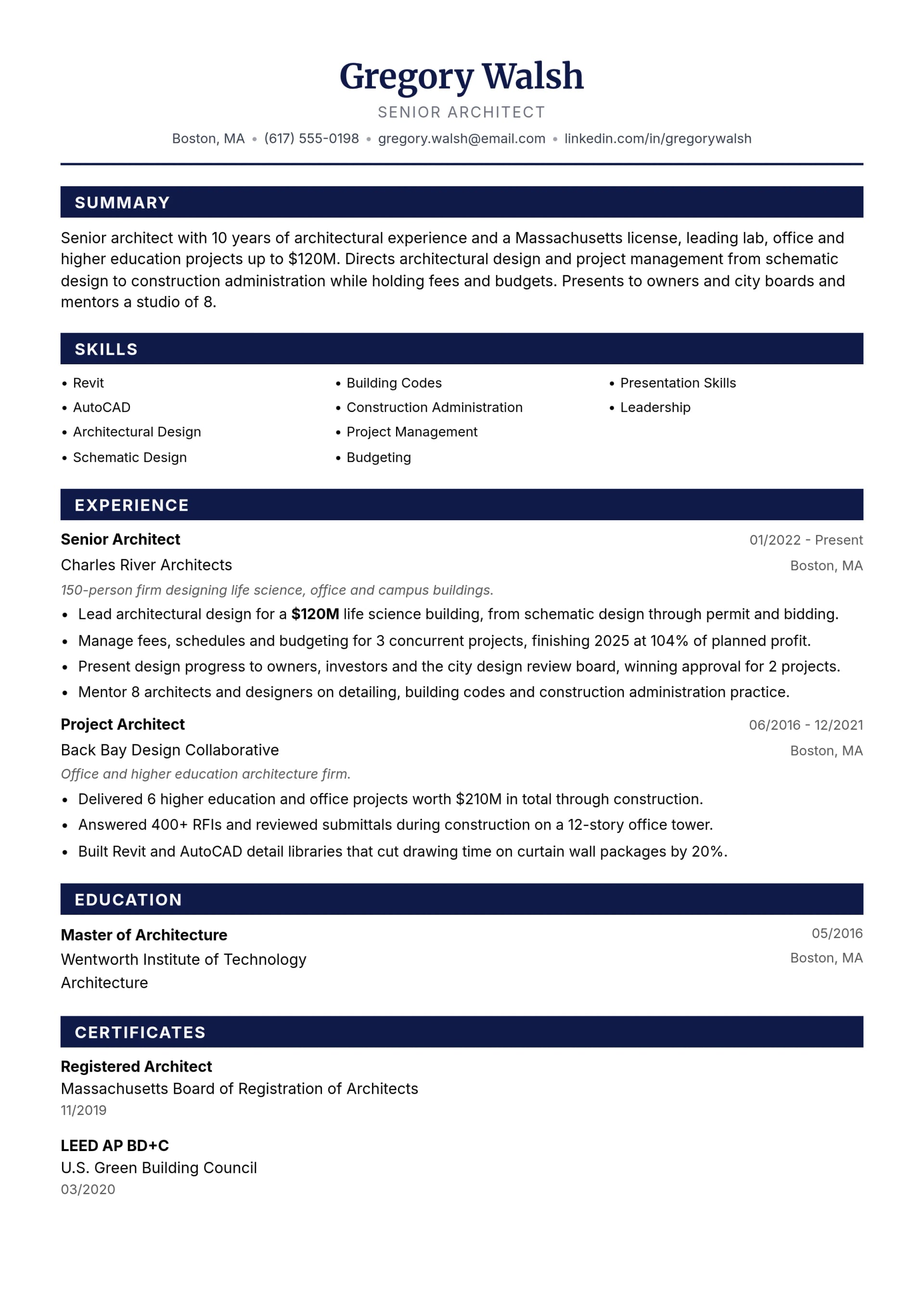 Senior Architect resume example