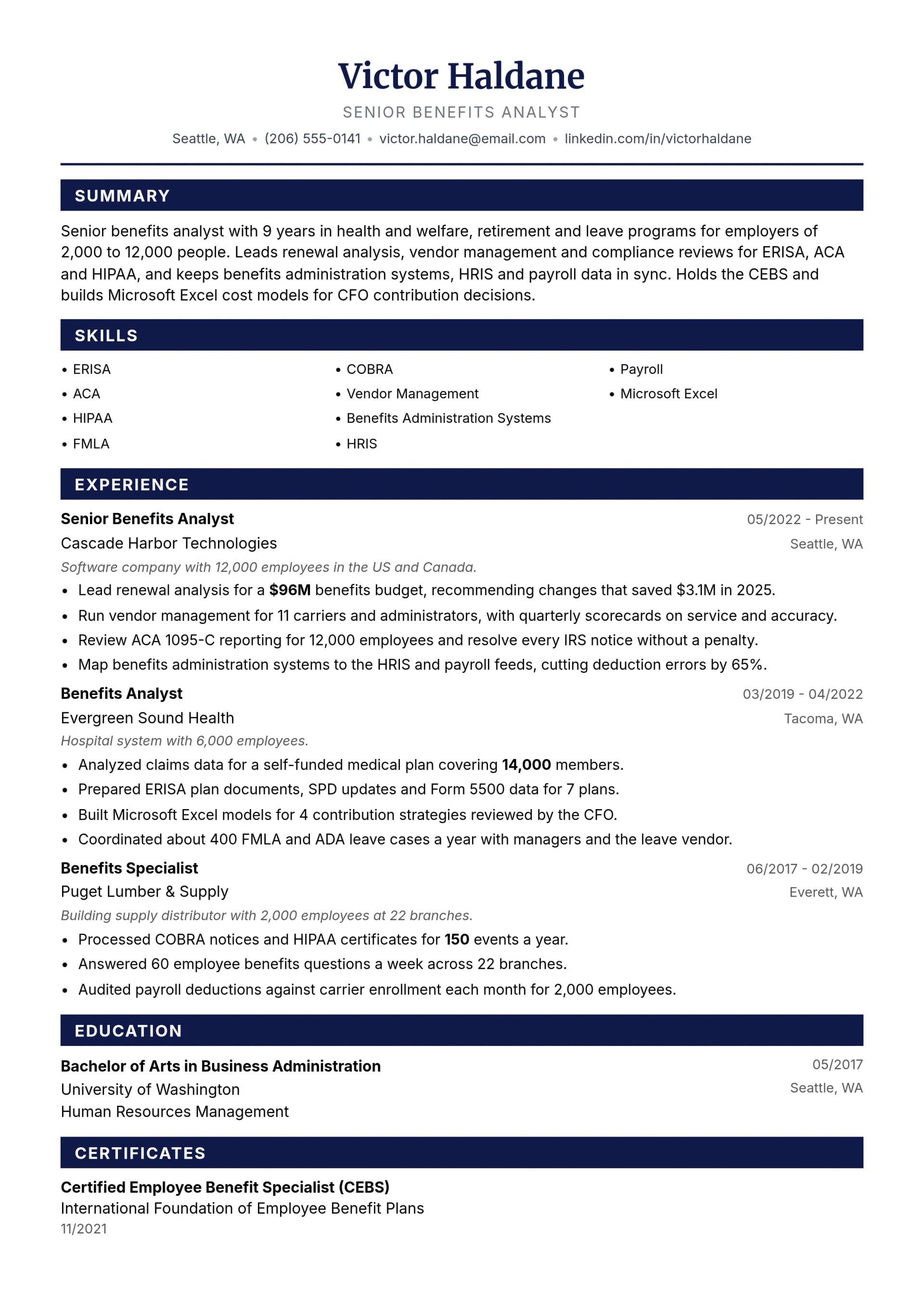 Senior Benefits Analyst resume example