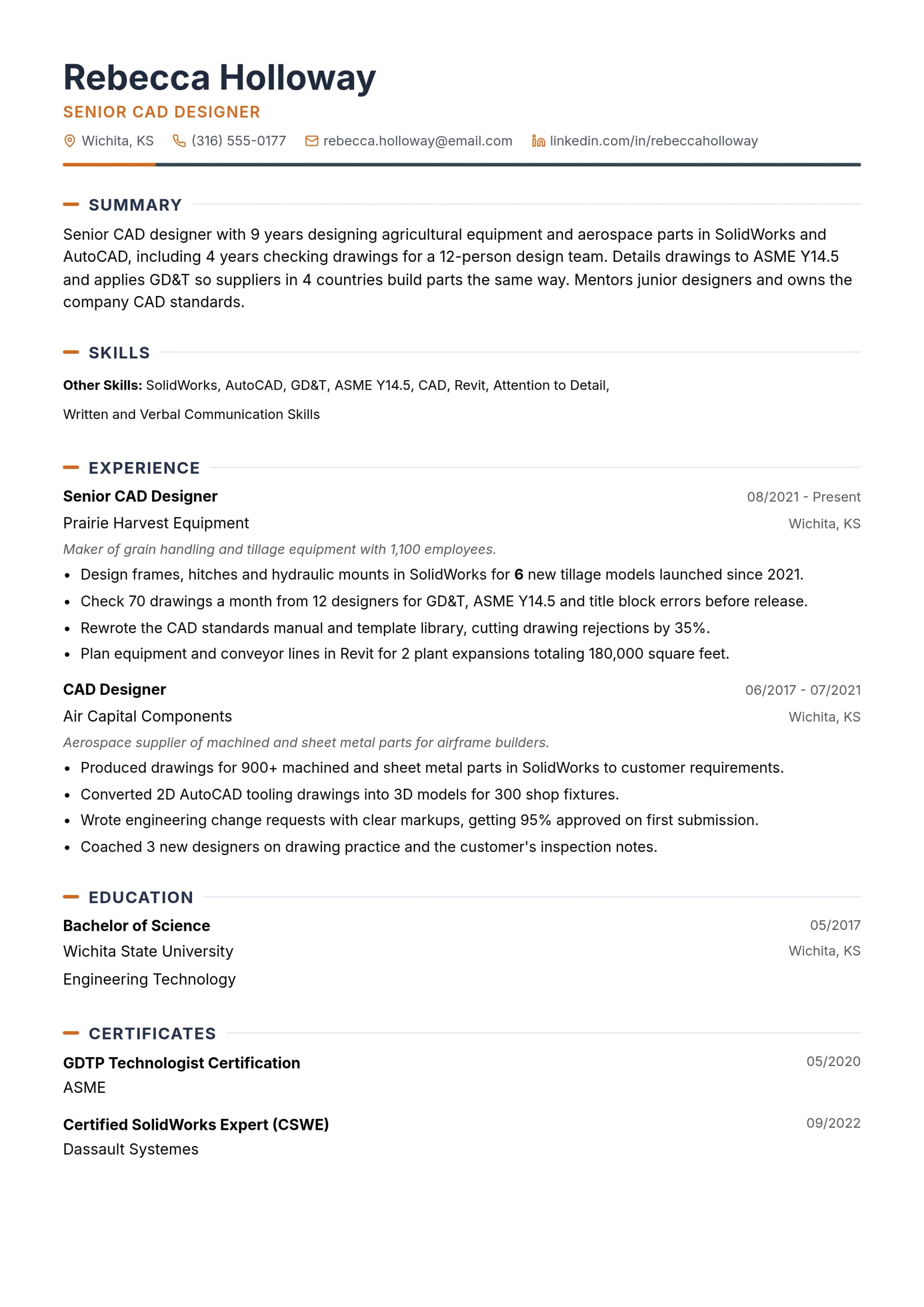 Senior CAD Designer resume example