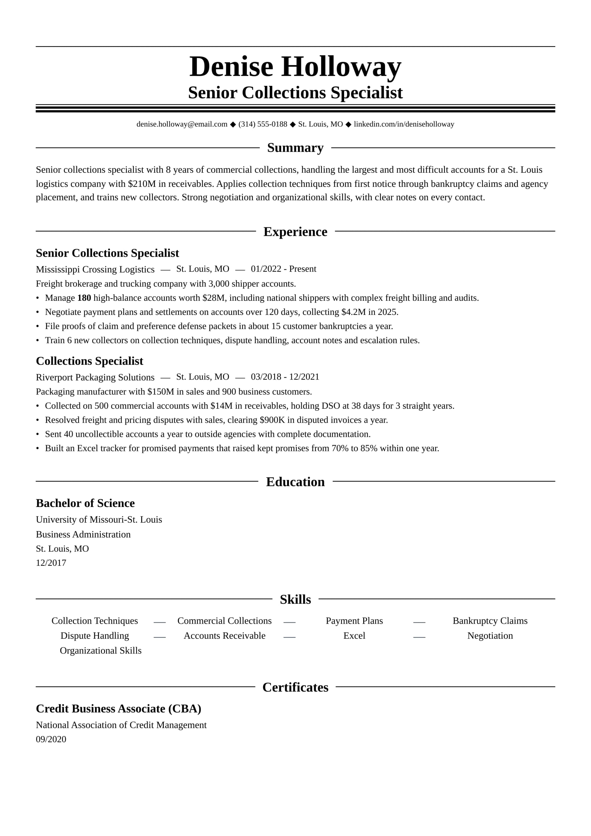 Senior Collections Specialist resume example