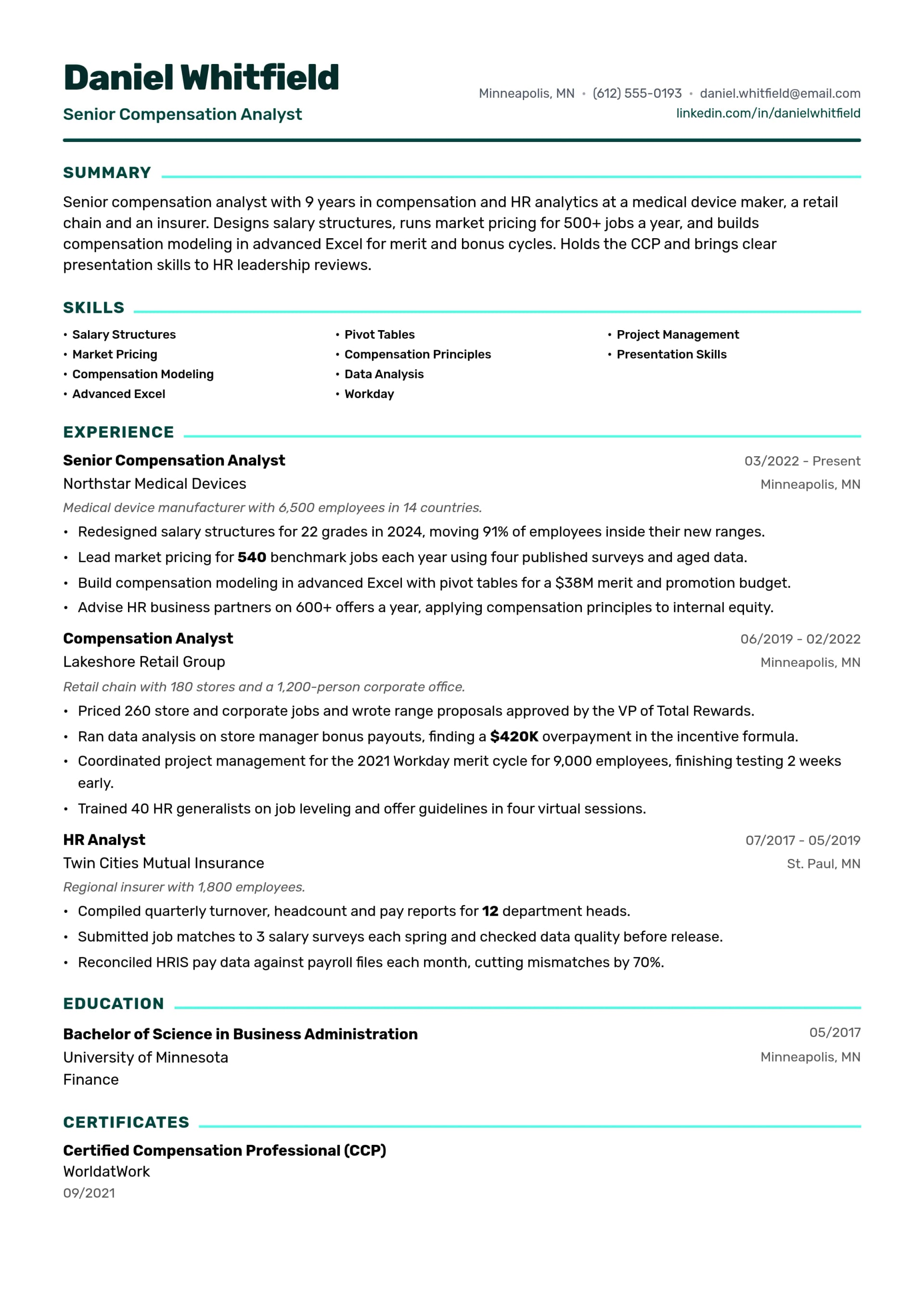 Senior Compensation Analyst resume example