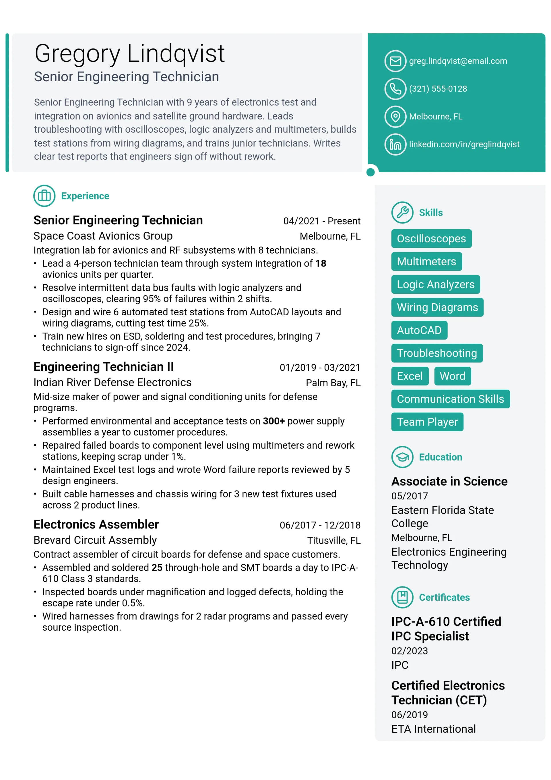 Senior Engineering Technician resume example