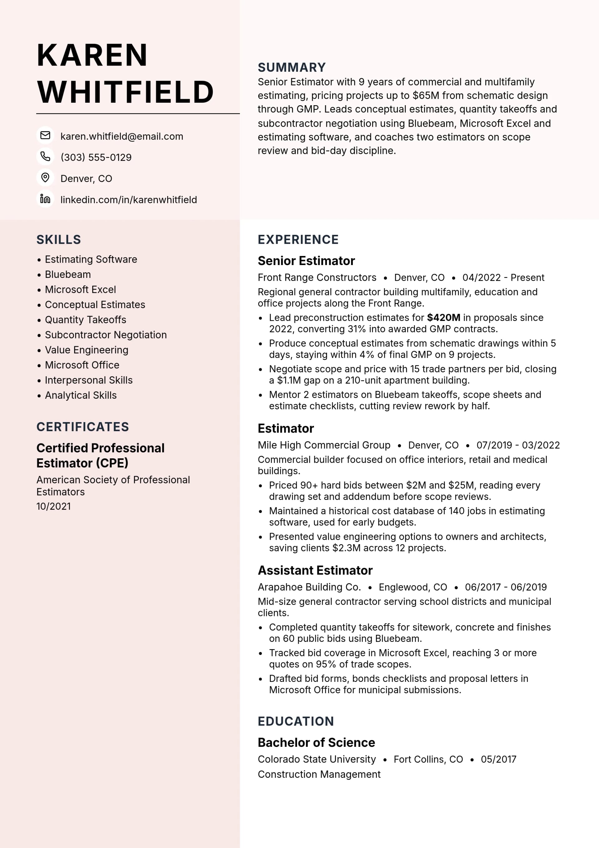 Senior Estimator resume example