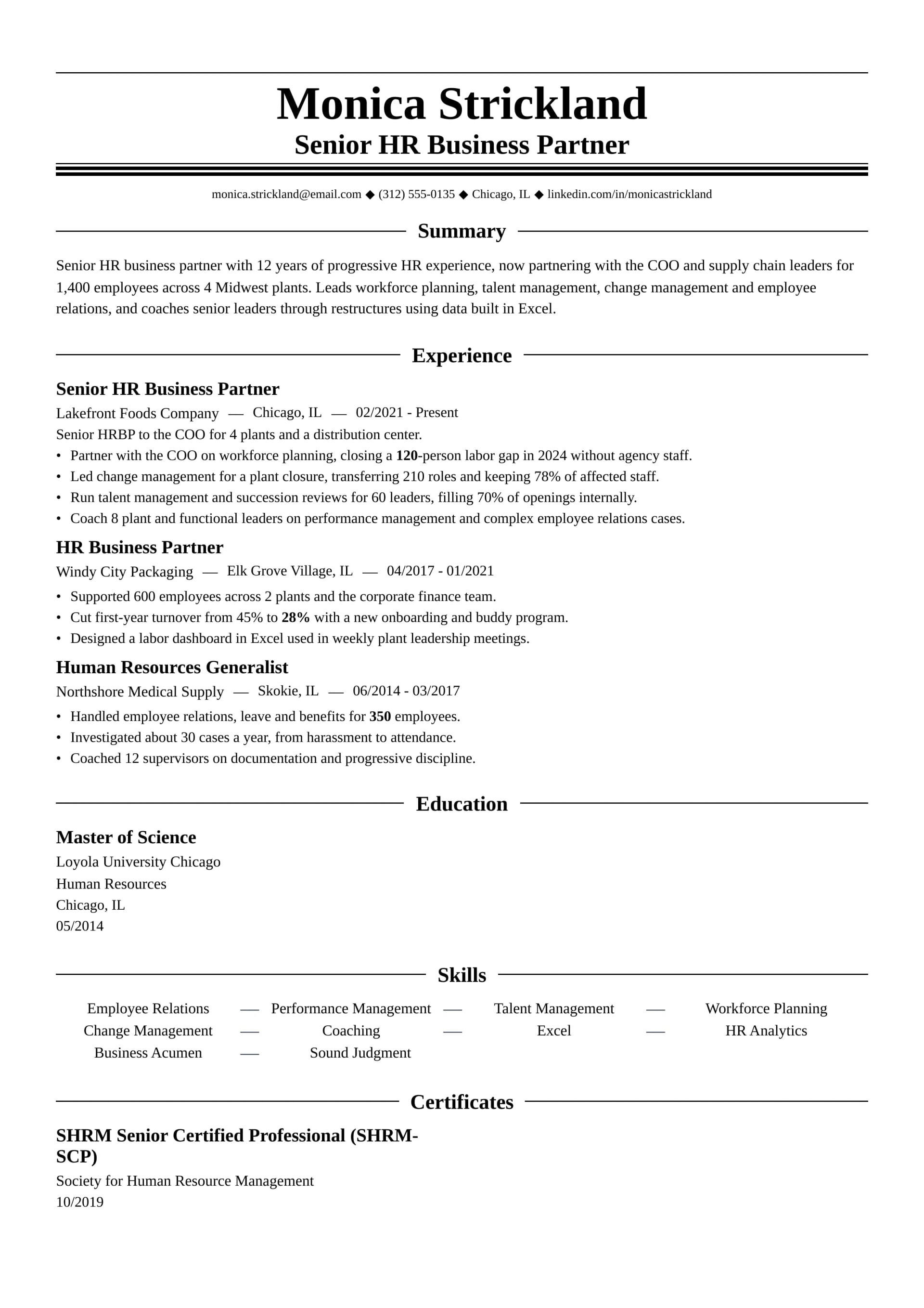 Senior HR Business Partner resume example