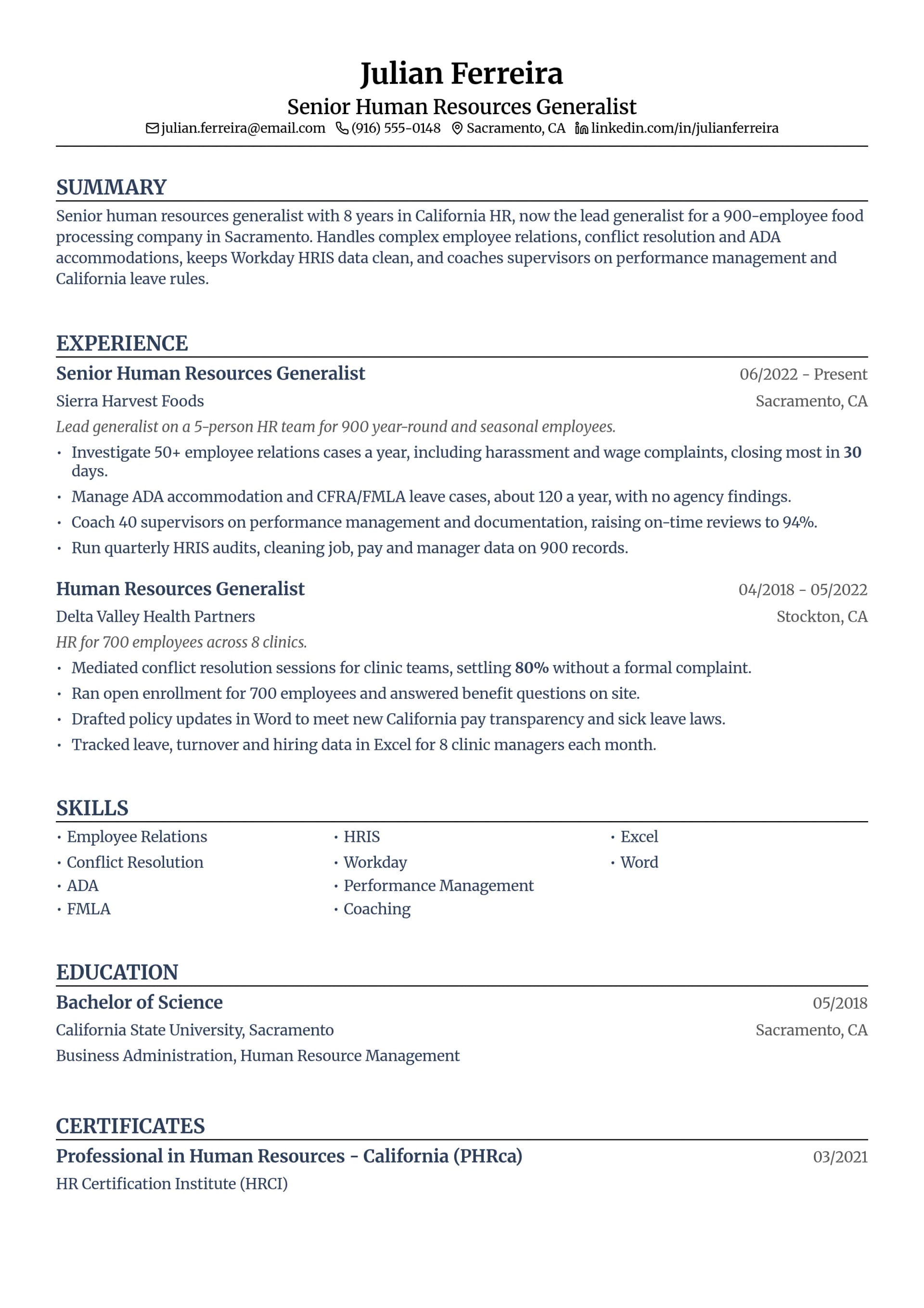 Senior Human Resources Generalist resume example