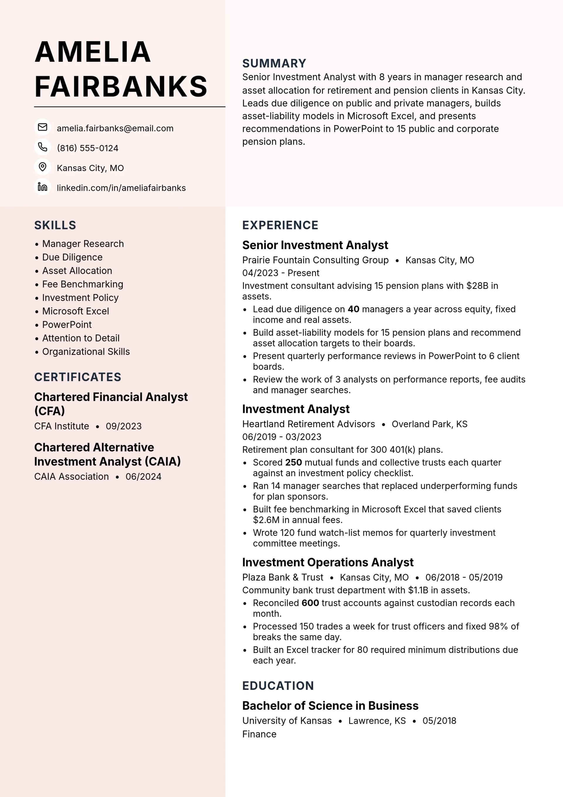 Senior Investment Analyst resume example