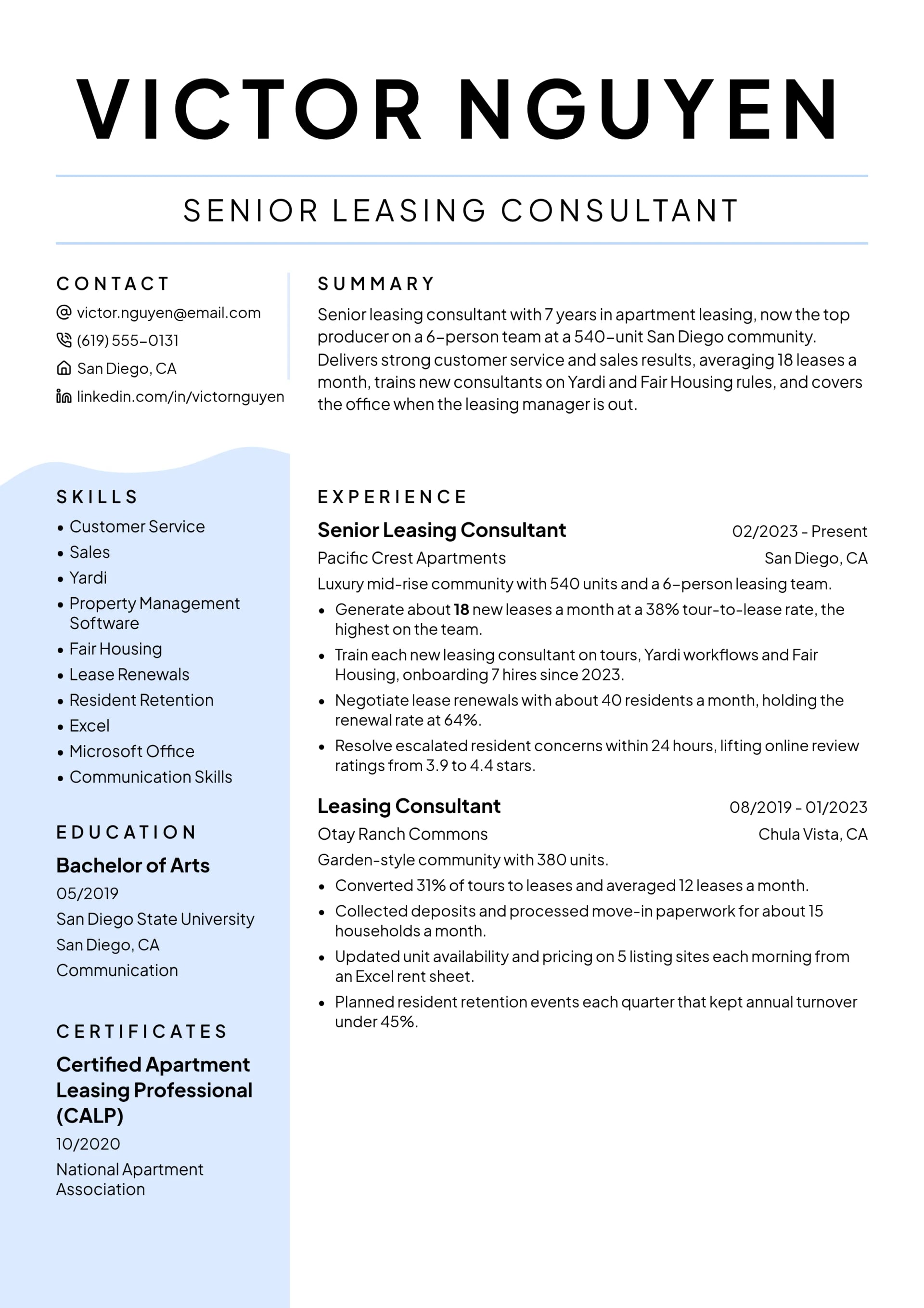 Senior Leasing Consultant resume example