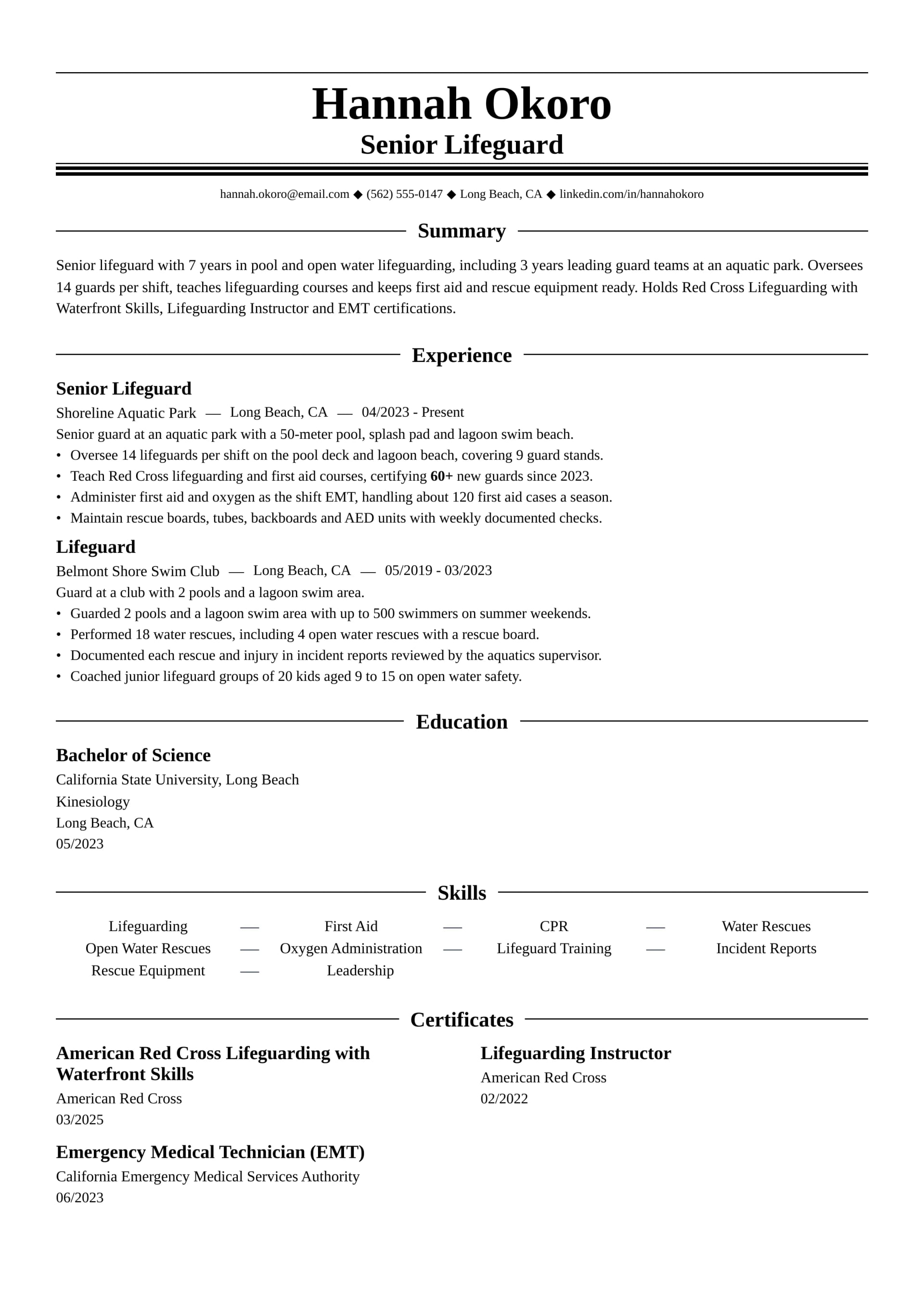 Senior Lifeguard resume example