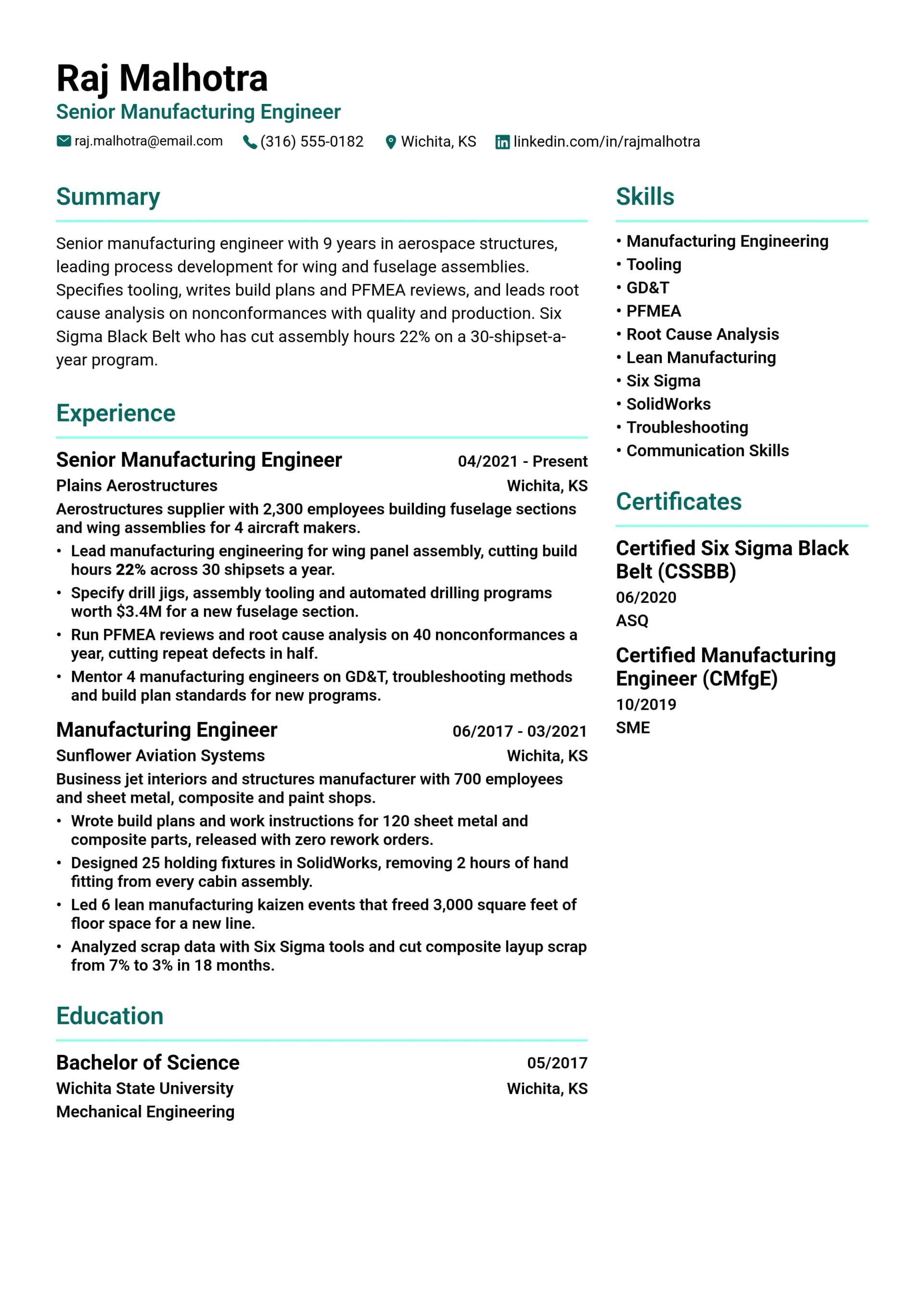 Senior Manufacturing Engineer resume example