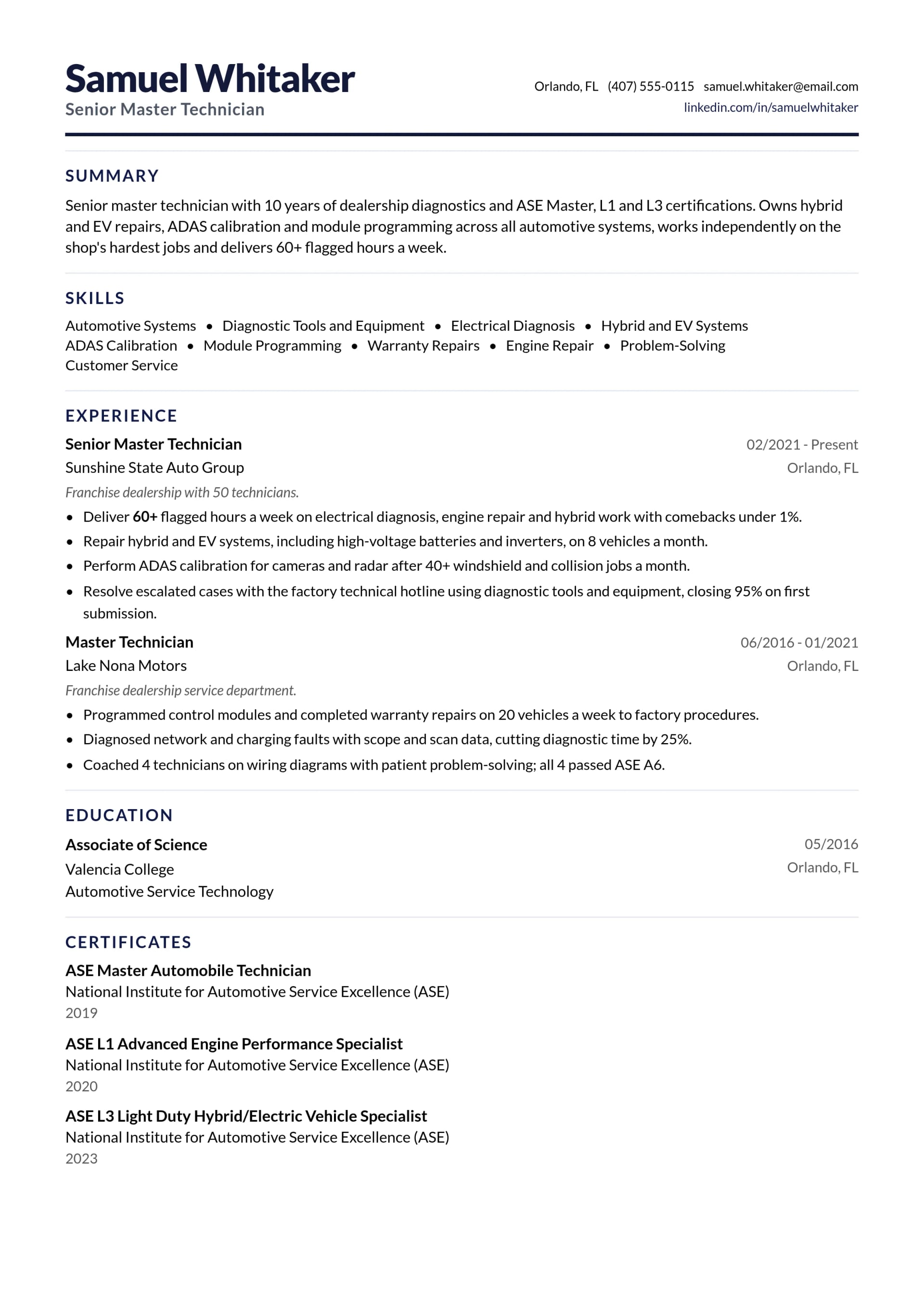 Senior Master Technician resume example