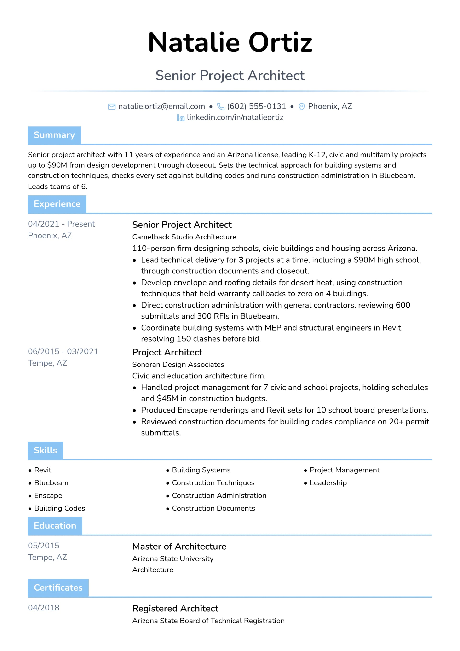 Senior Project Architect resume example