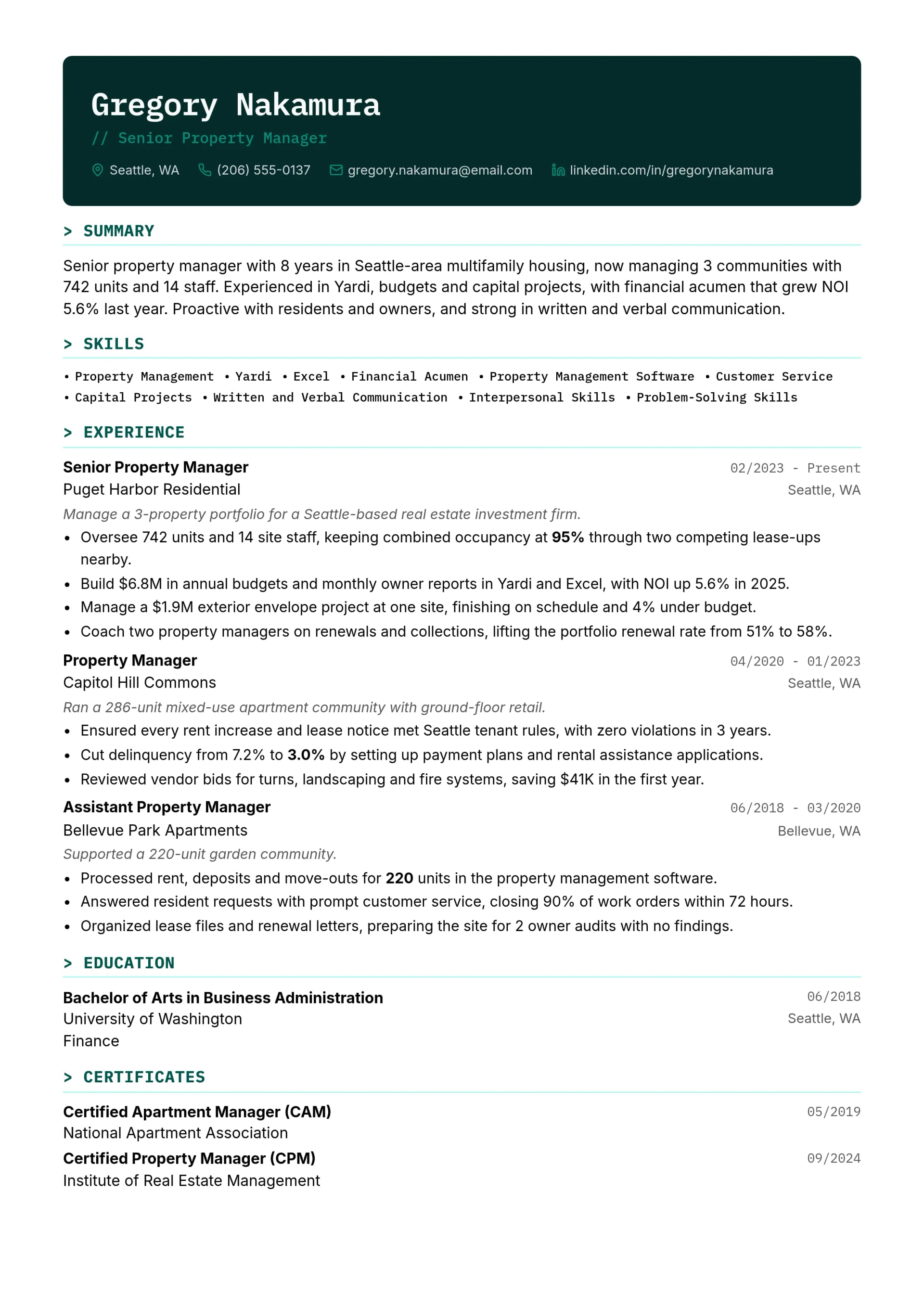 Senior Property Manager resume example