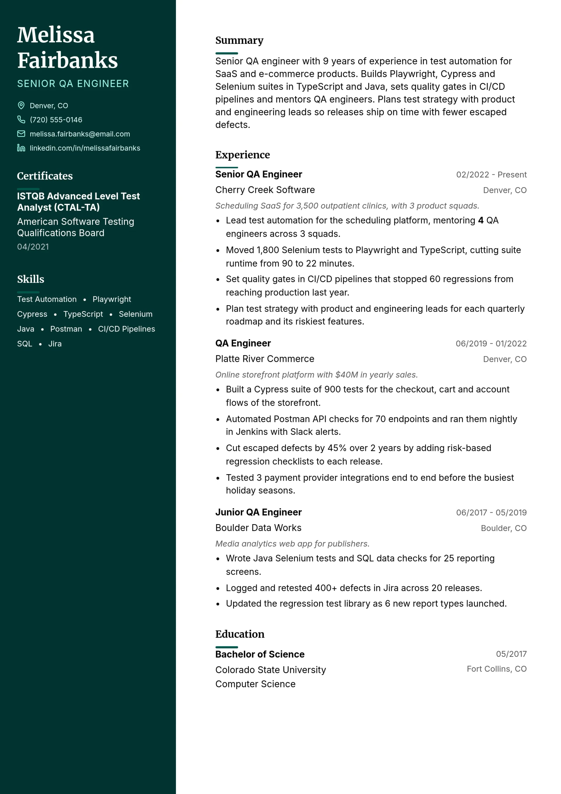 Senior QA Engineer resume example