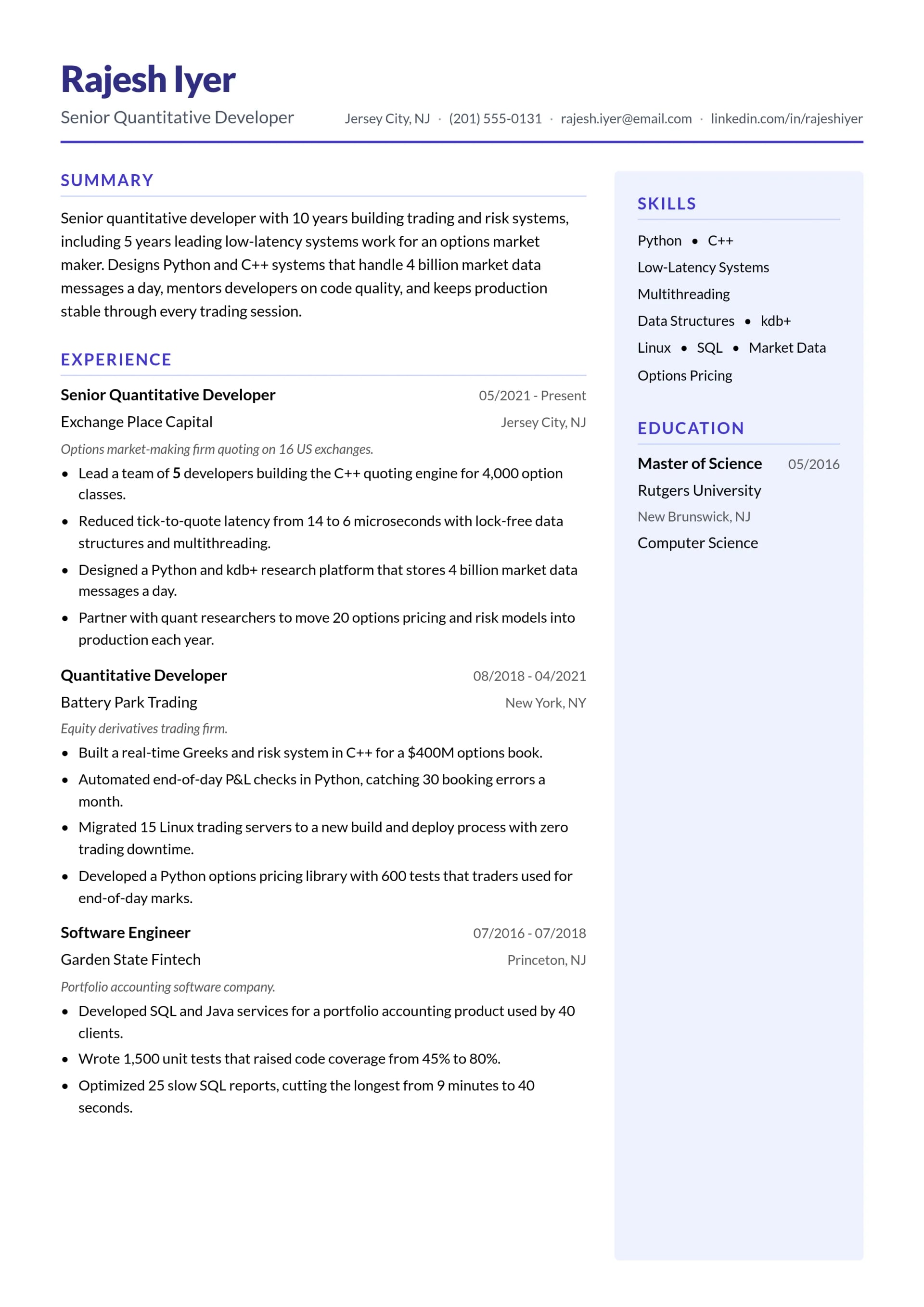 Senior Quantitative Developer resume example