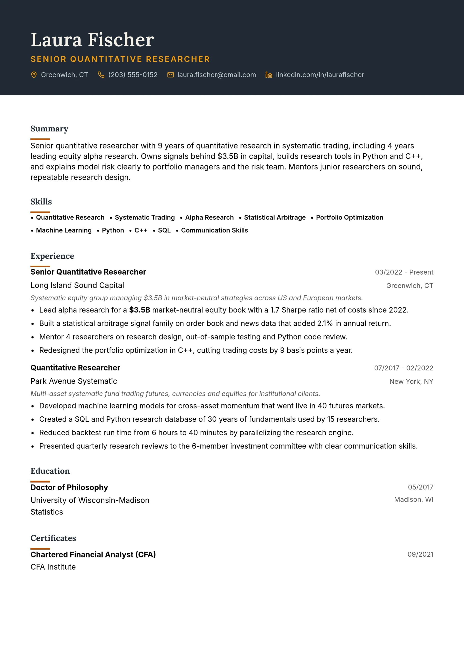 Senior Quantitative Researcher resume example