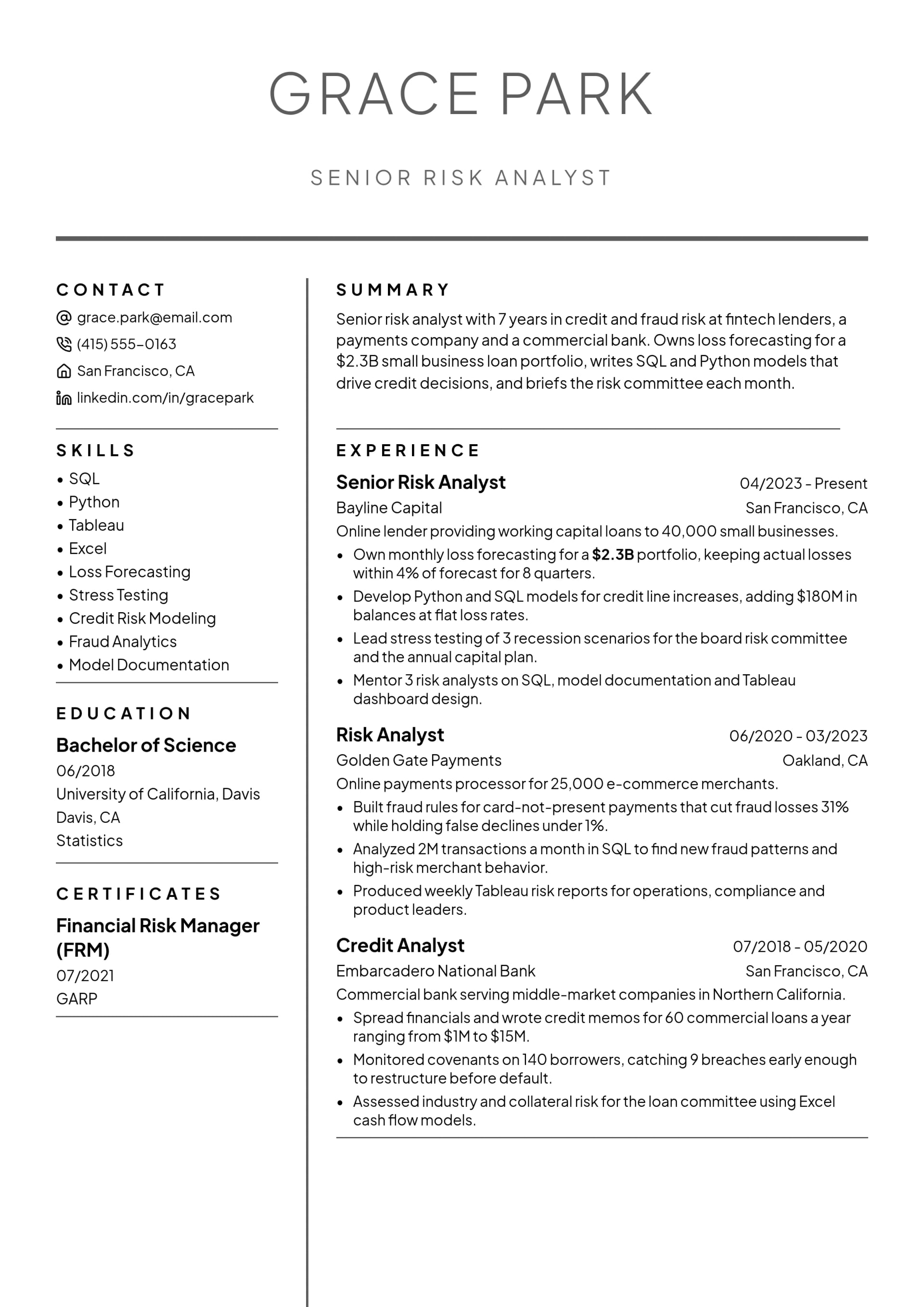 Senior Risk Analyst resume example