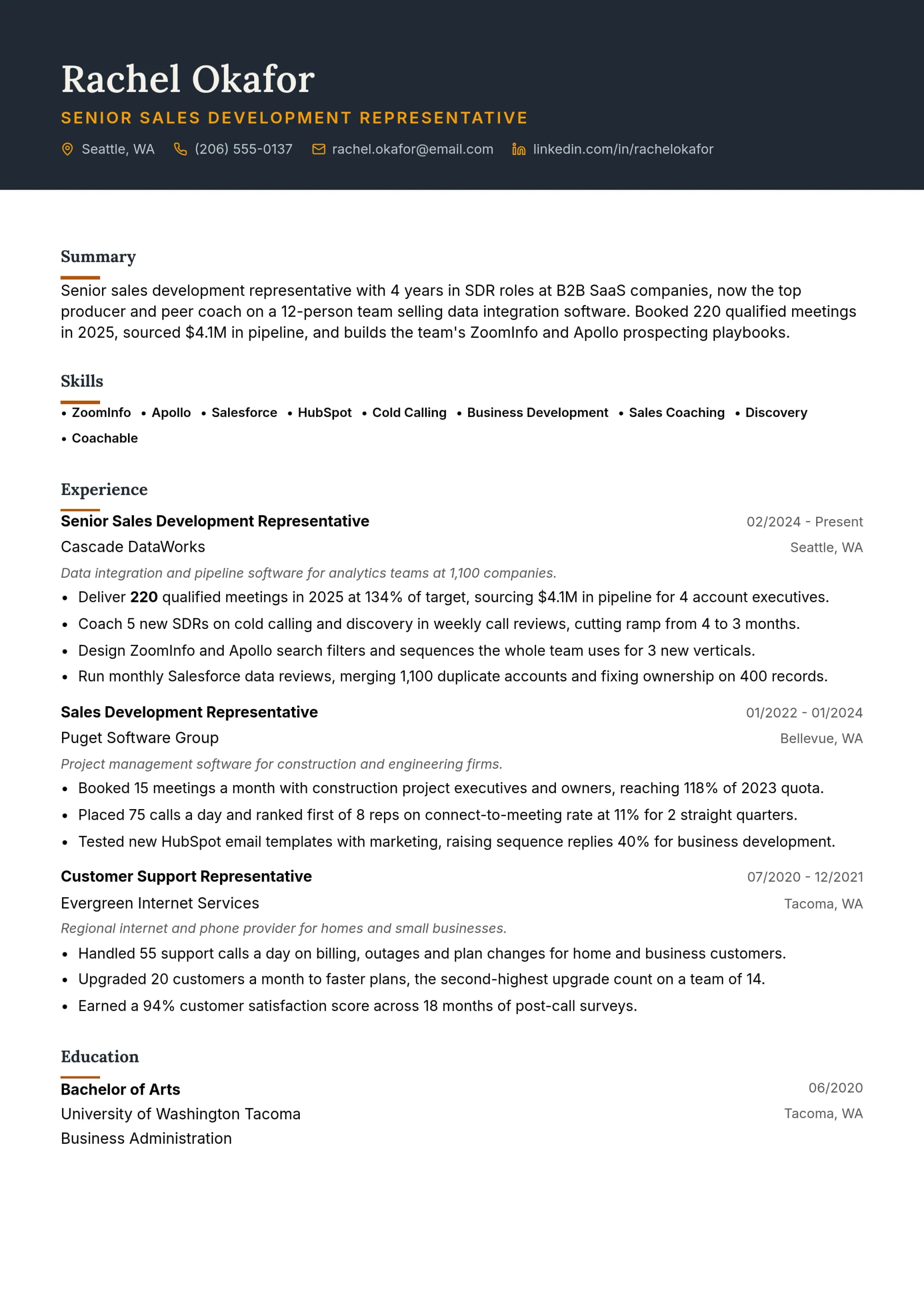 Senior Sales Development Representative resume example