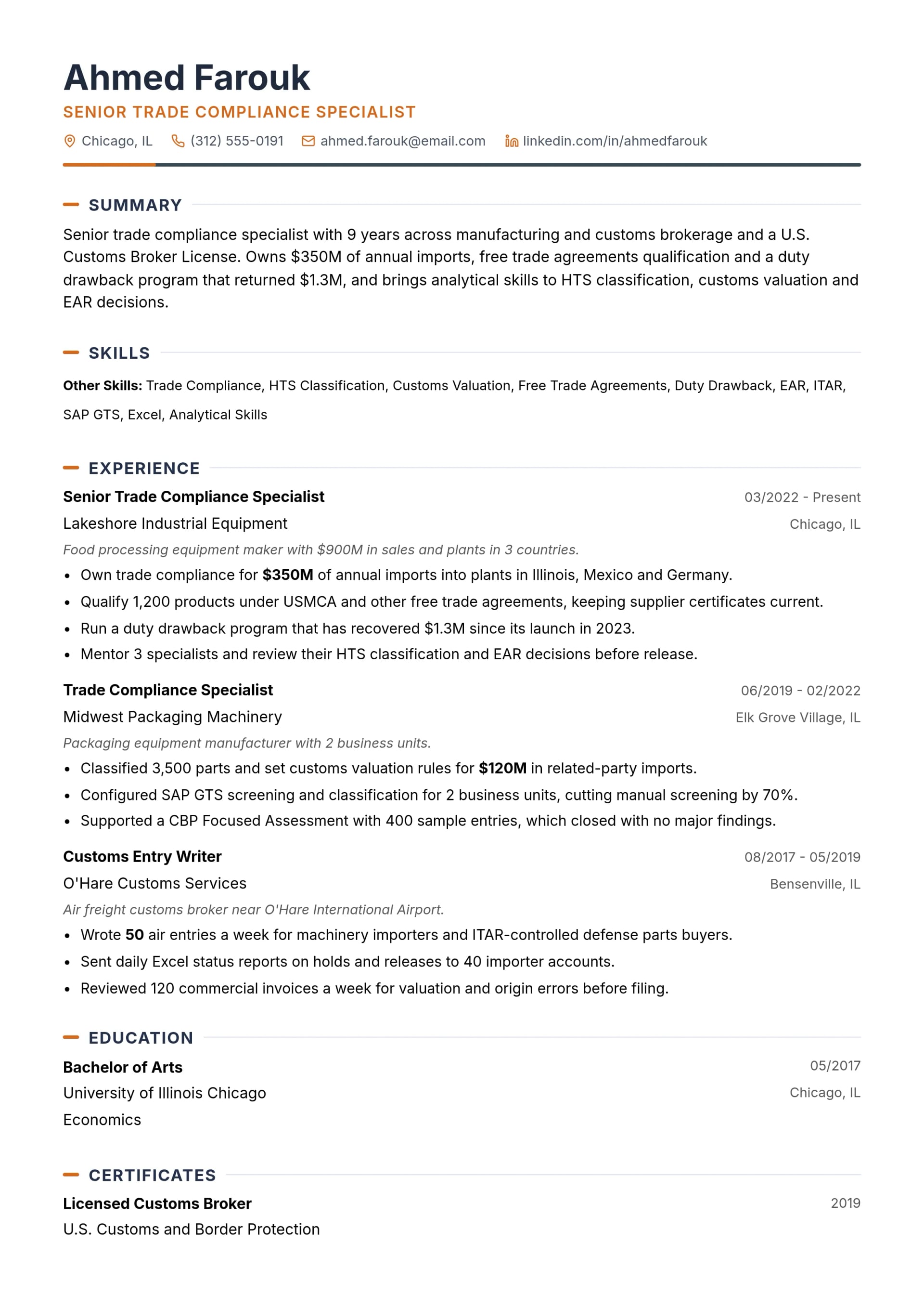 Senior Trade Compliance Specialist resume example