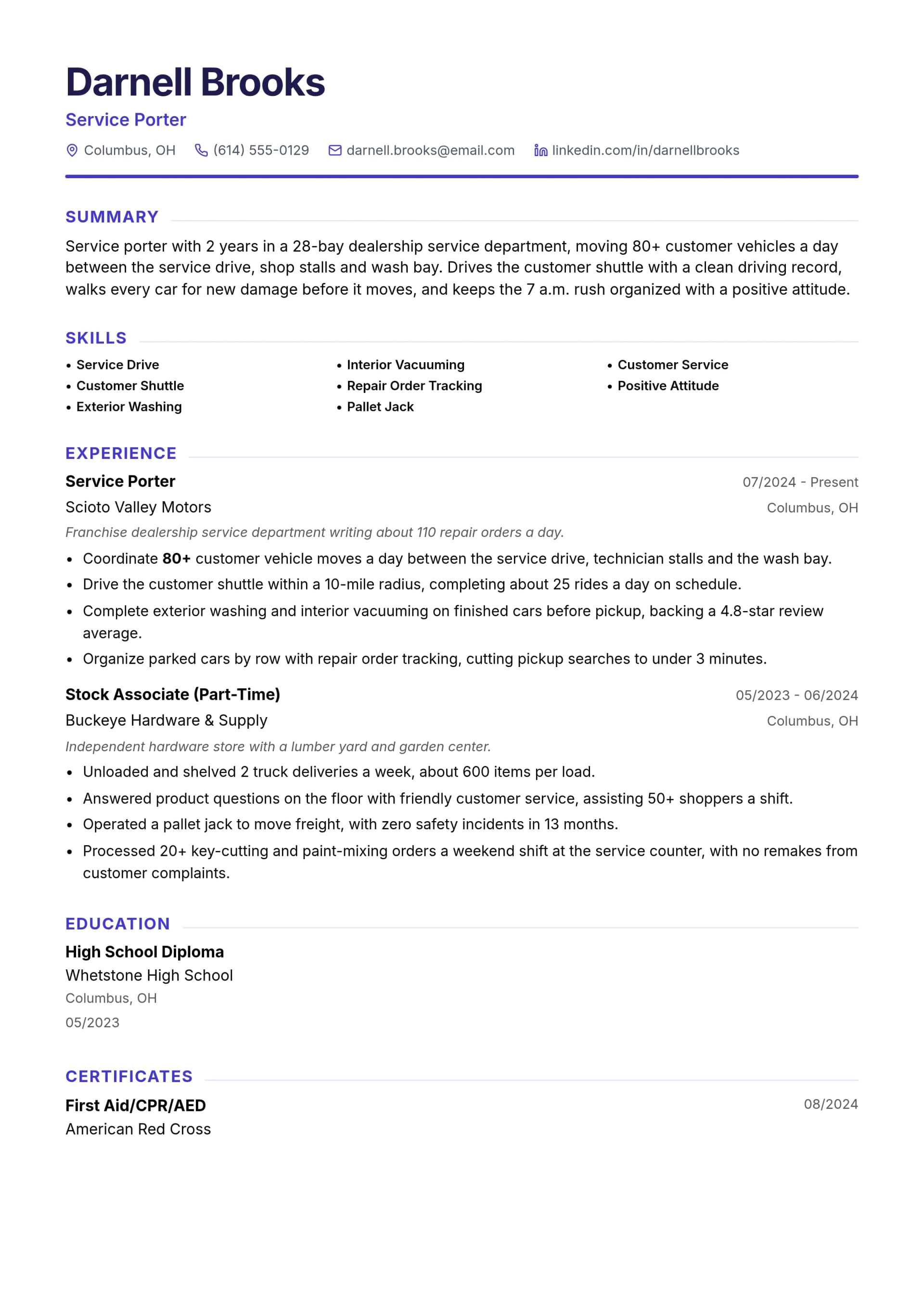 Service Porter resume example