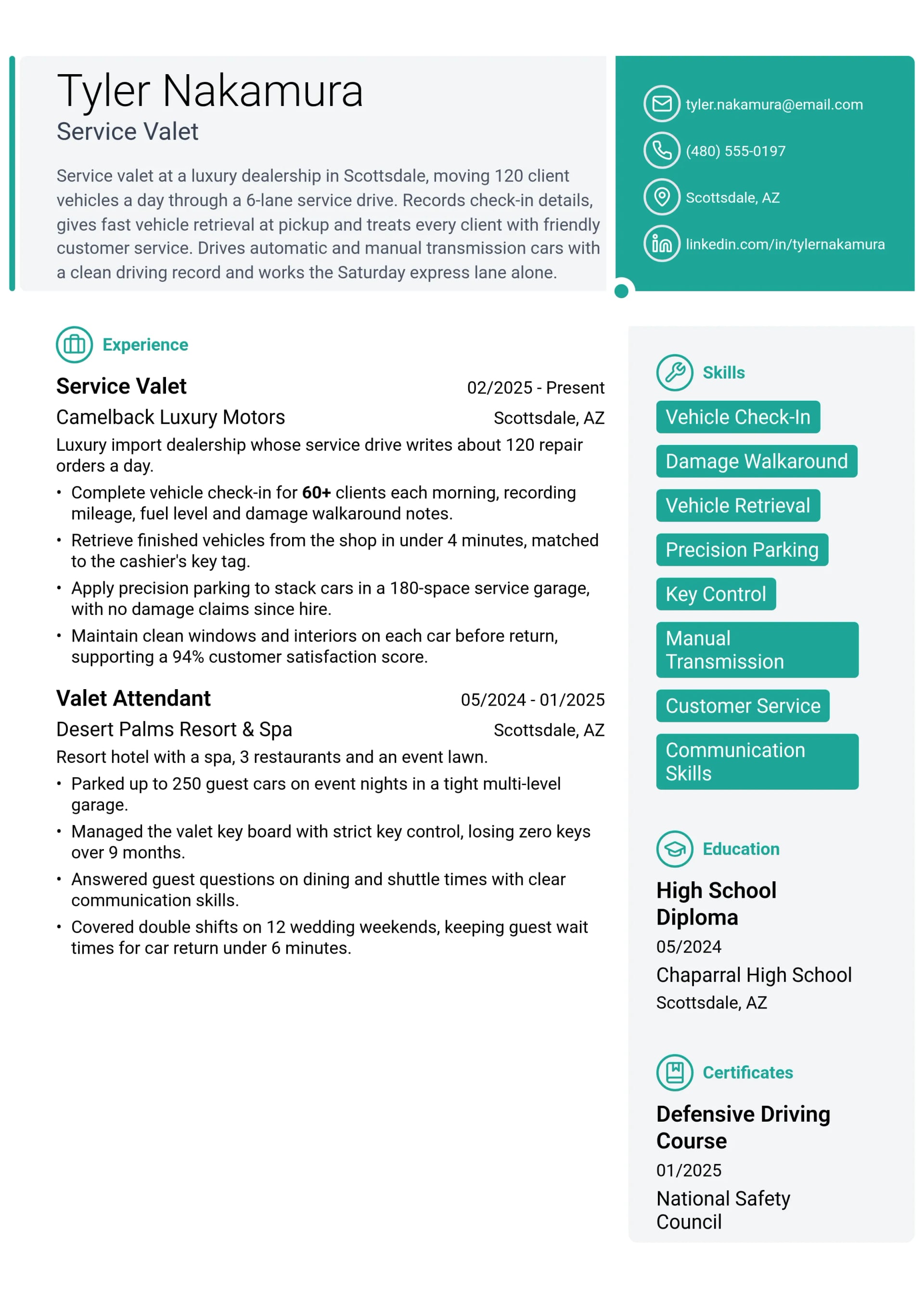Service Valet resume example