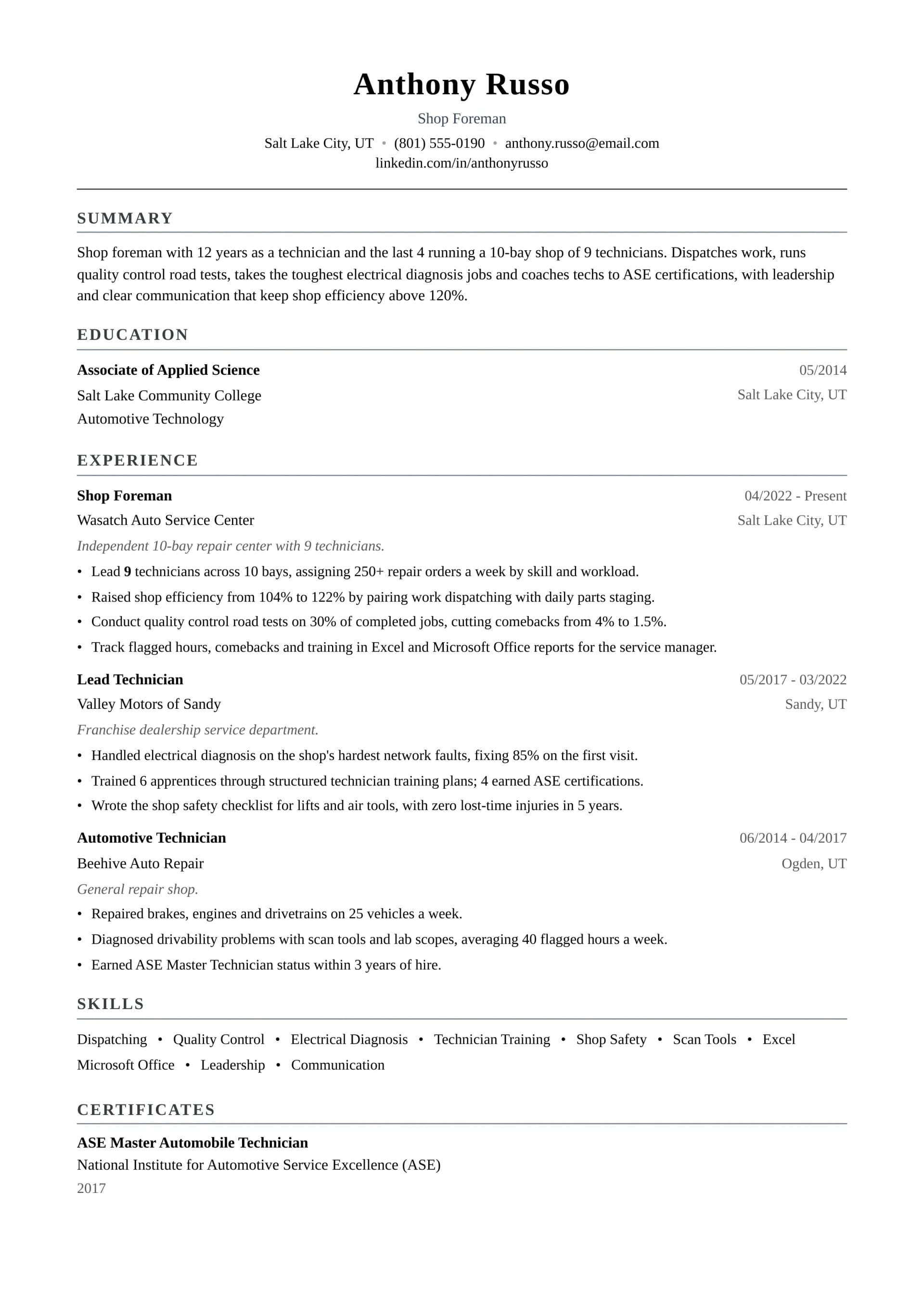 Shop Foreman resume example