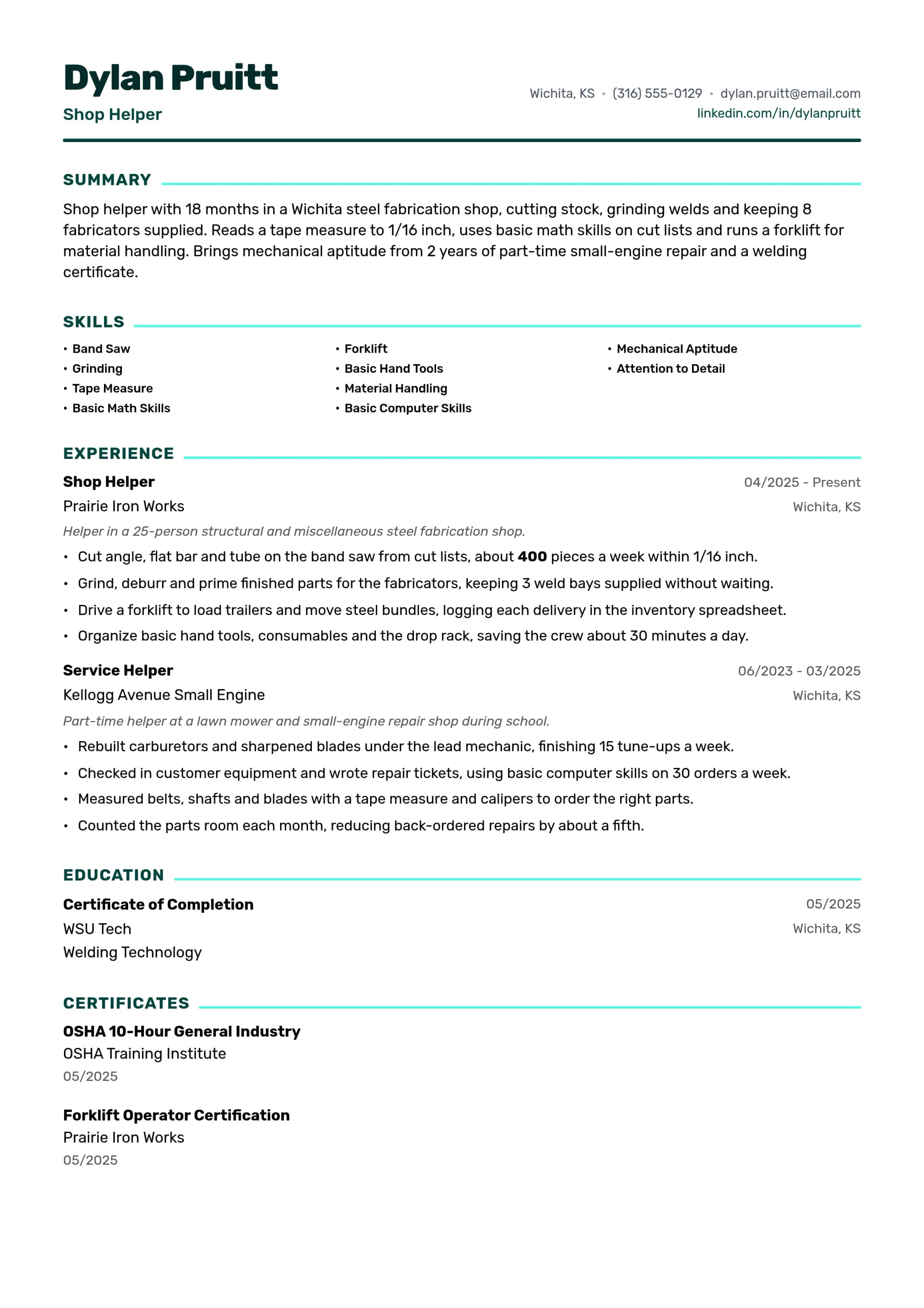 Shop Helper resume example