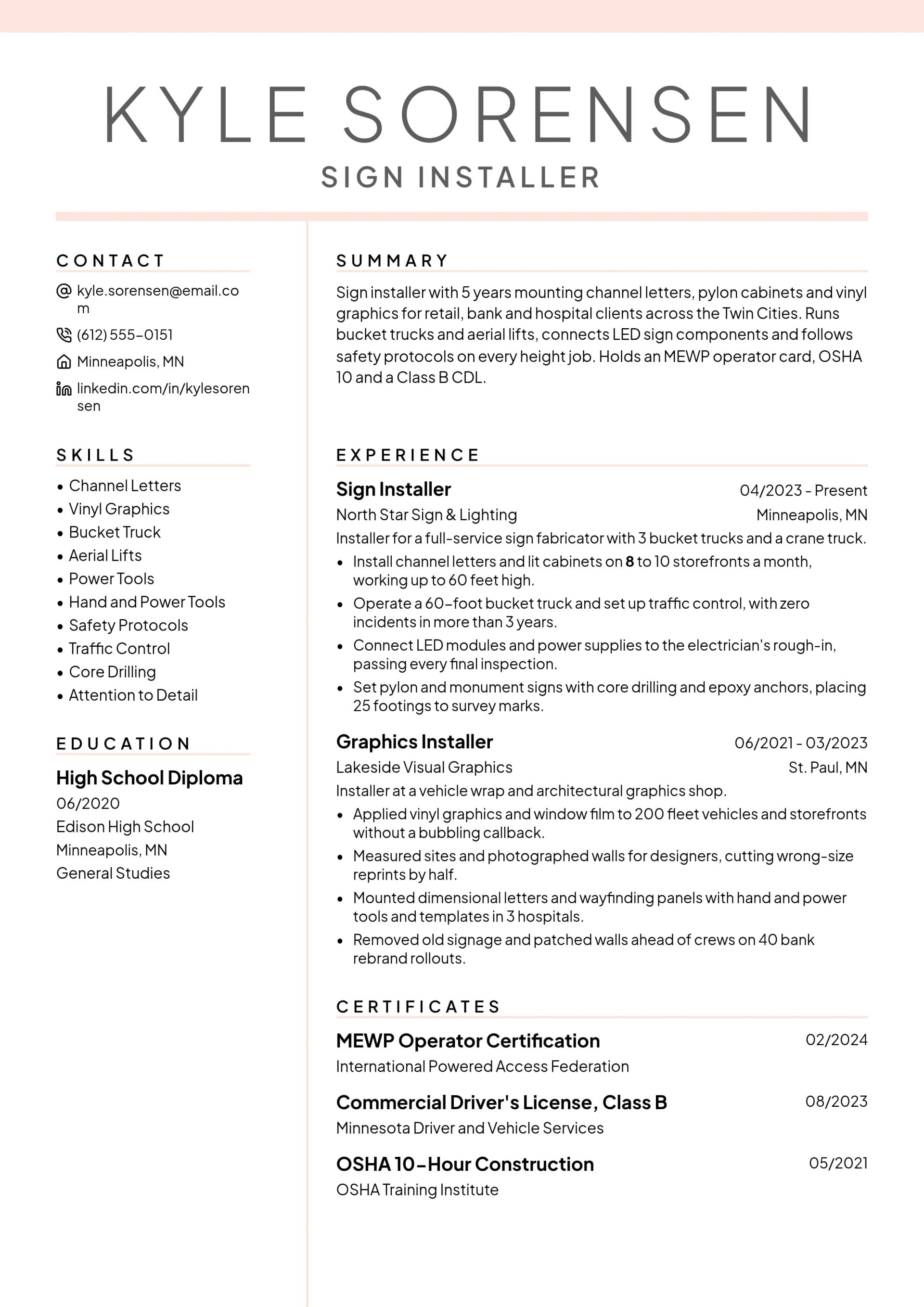 Sign Installer resume example