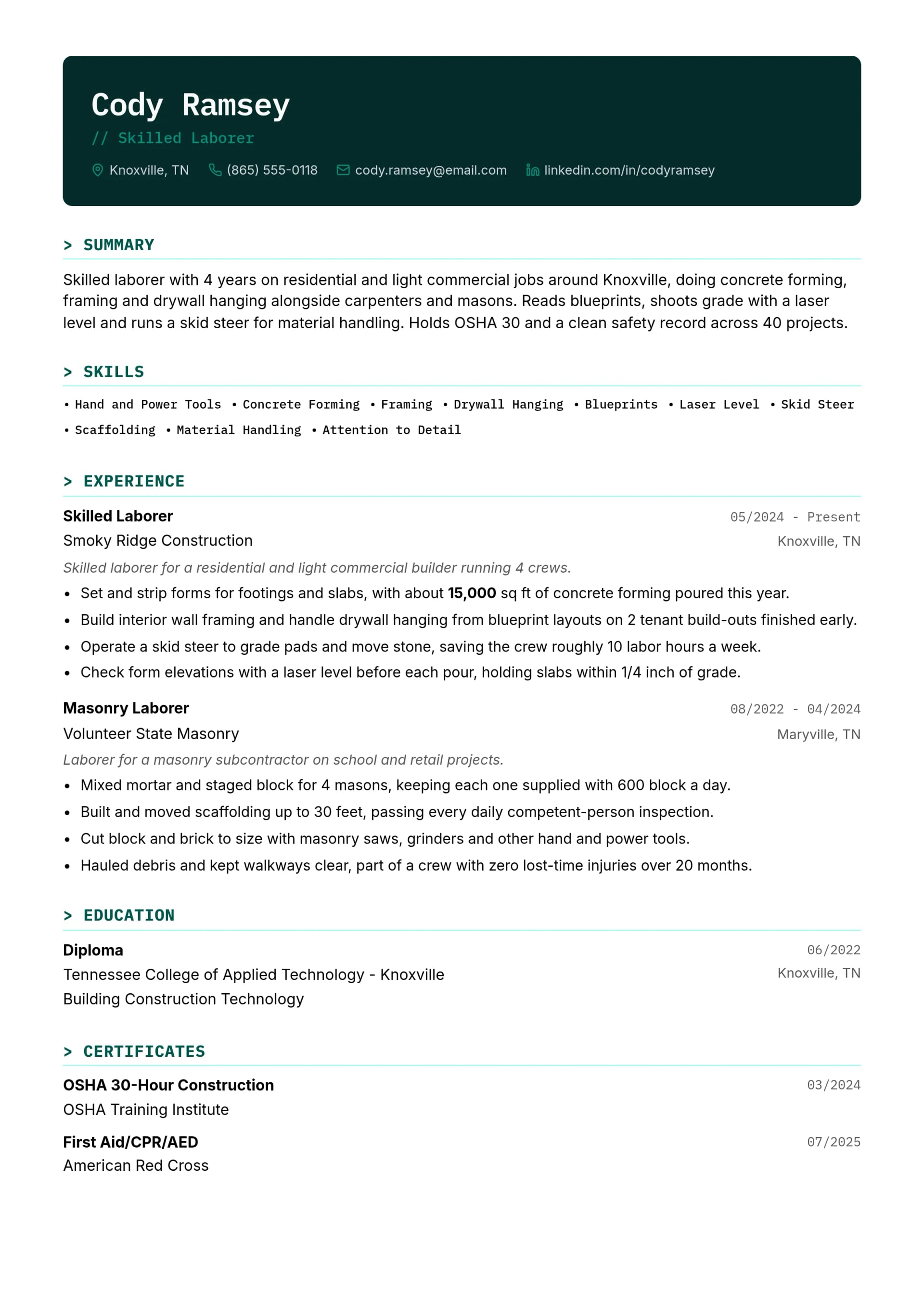 Skilled Laborer resume example