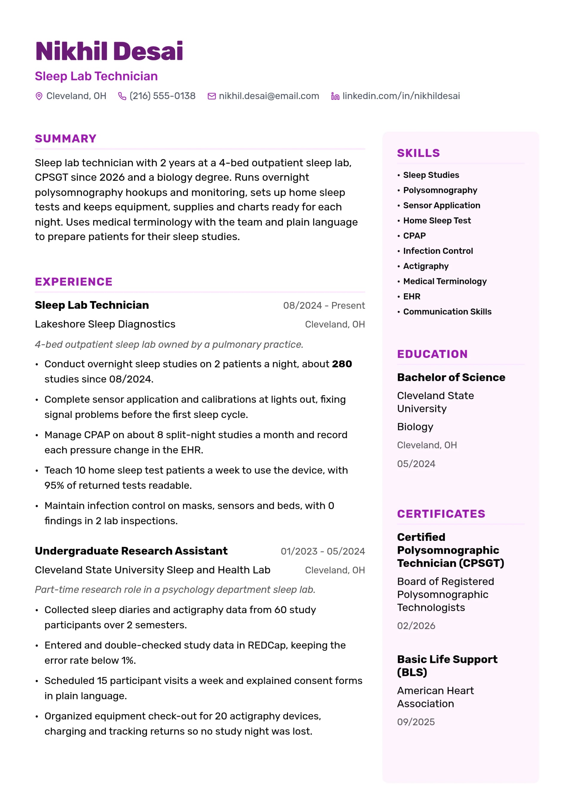 Sleep Lab Technician resume example