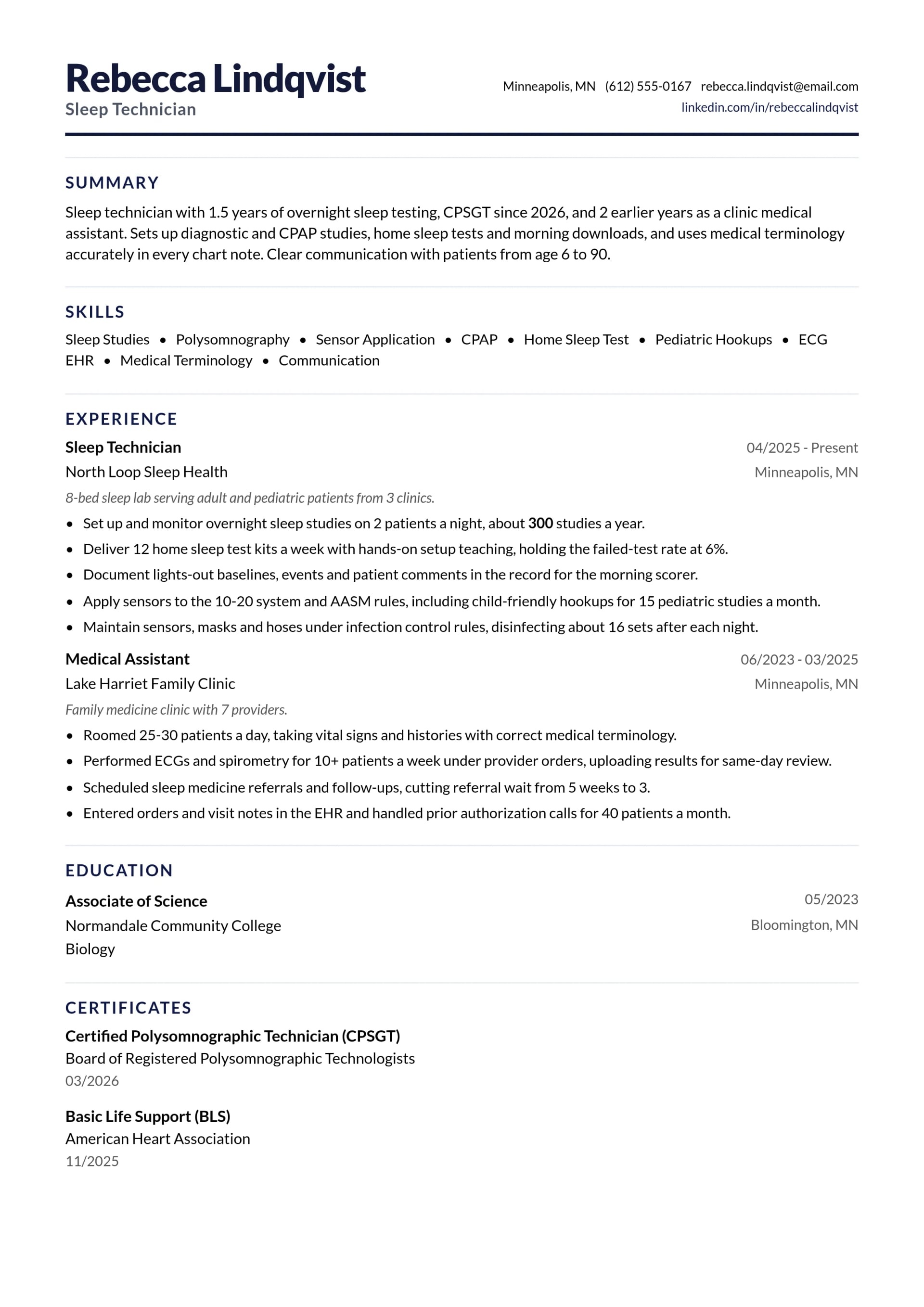 Sleep Technician resume example