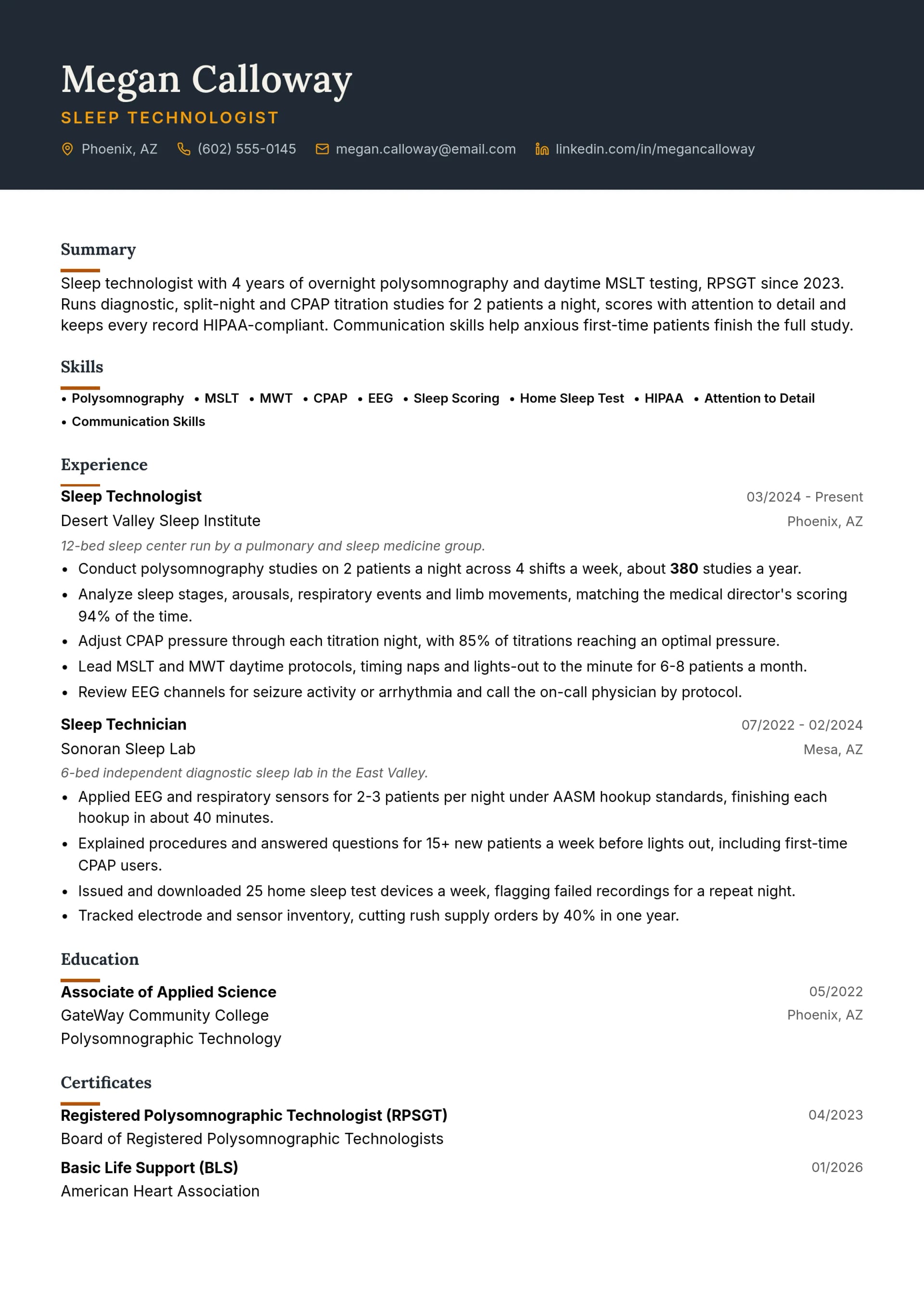 Sleep Technologist resume example