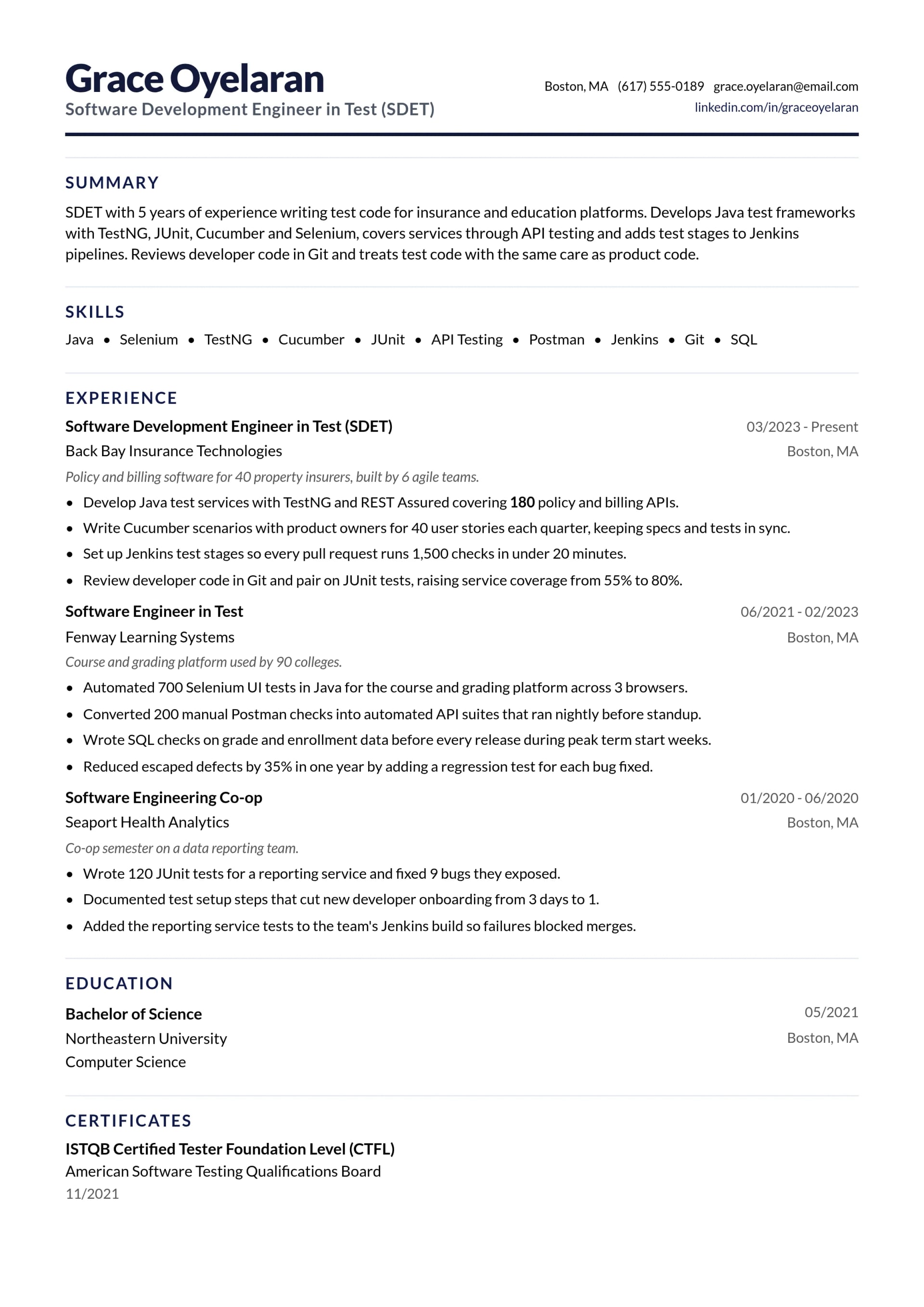 Software Development Engineer in Test (SDET) resume example