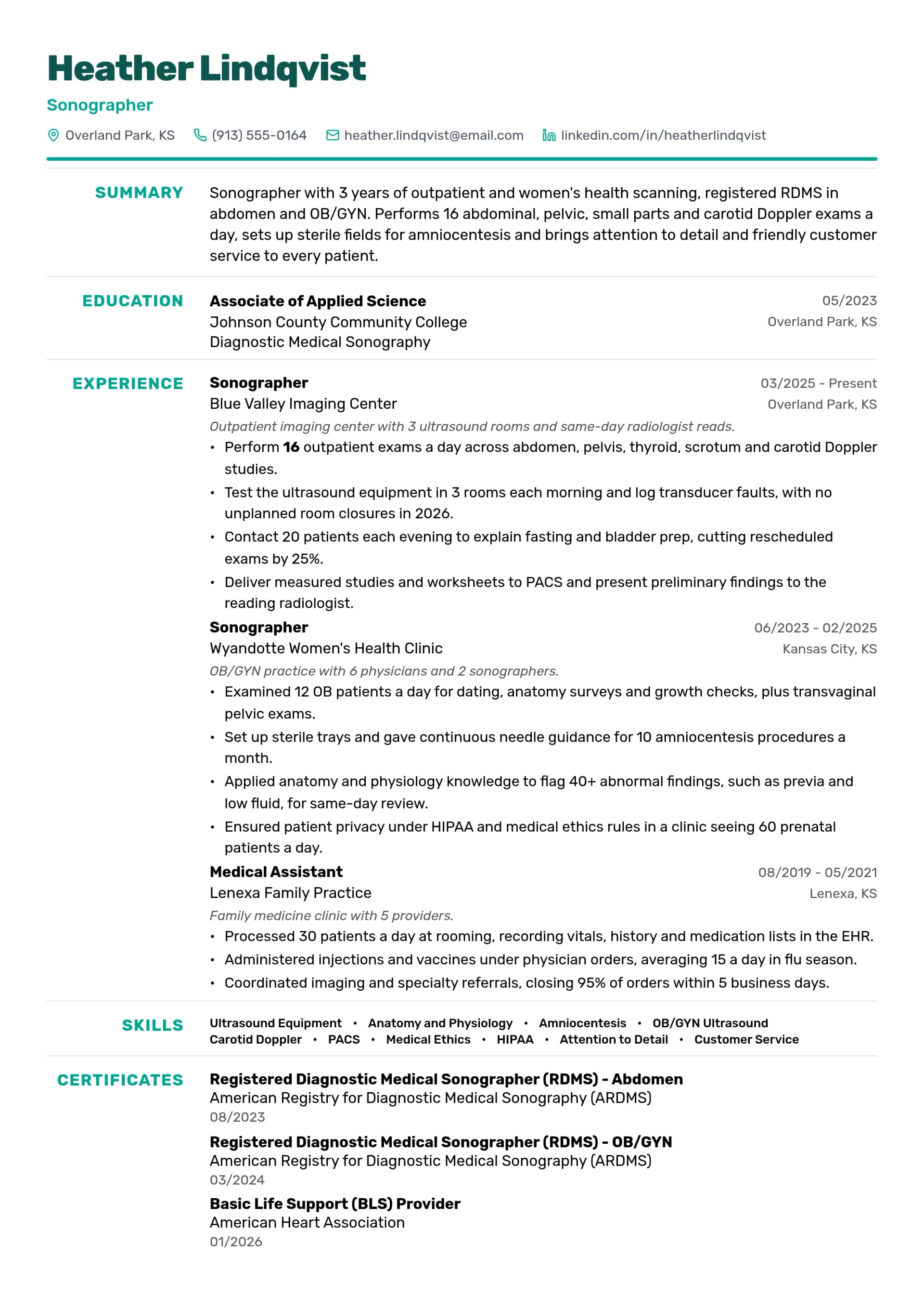 Sonographer resume example