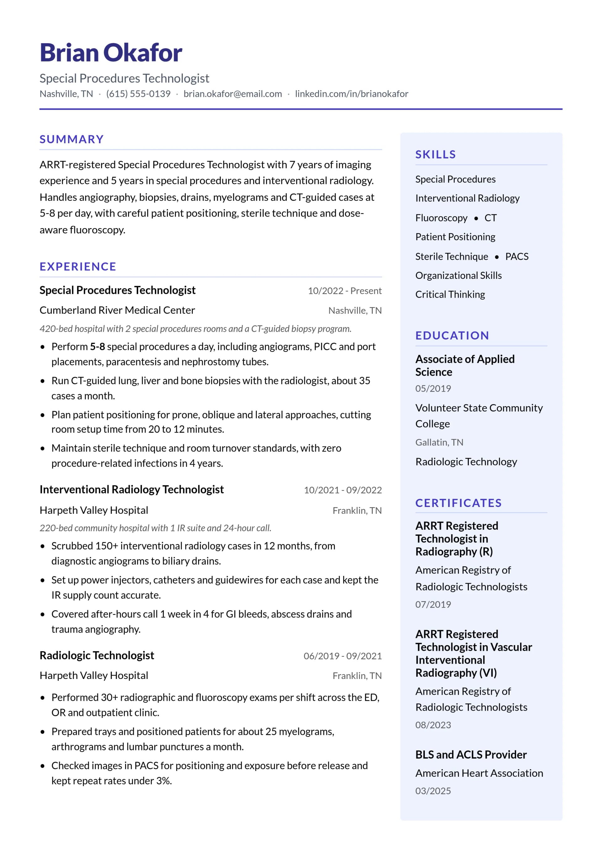 Special Procedures Technologist resume example