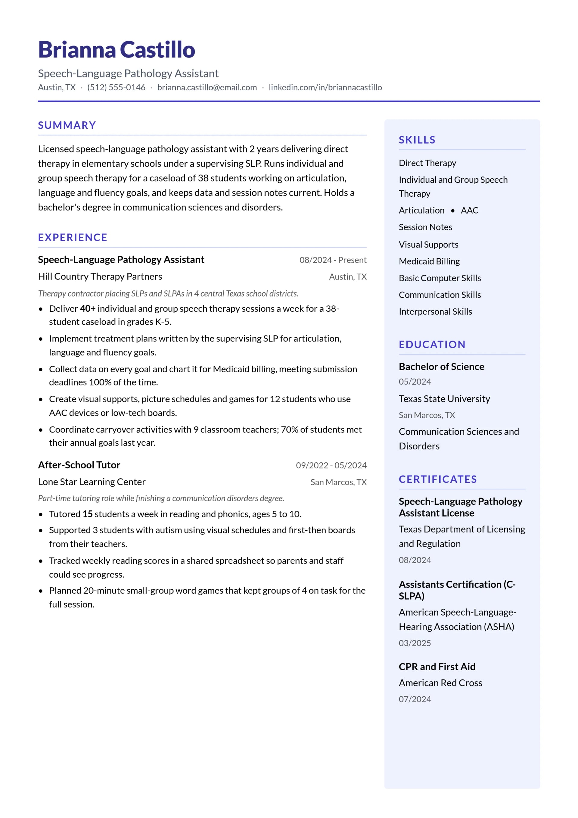 Speech-Language Pathology Assistant resume example