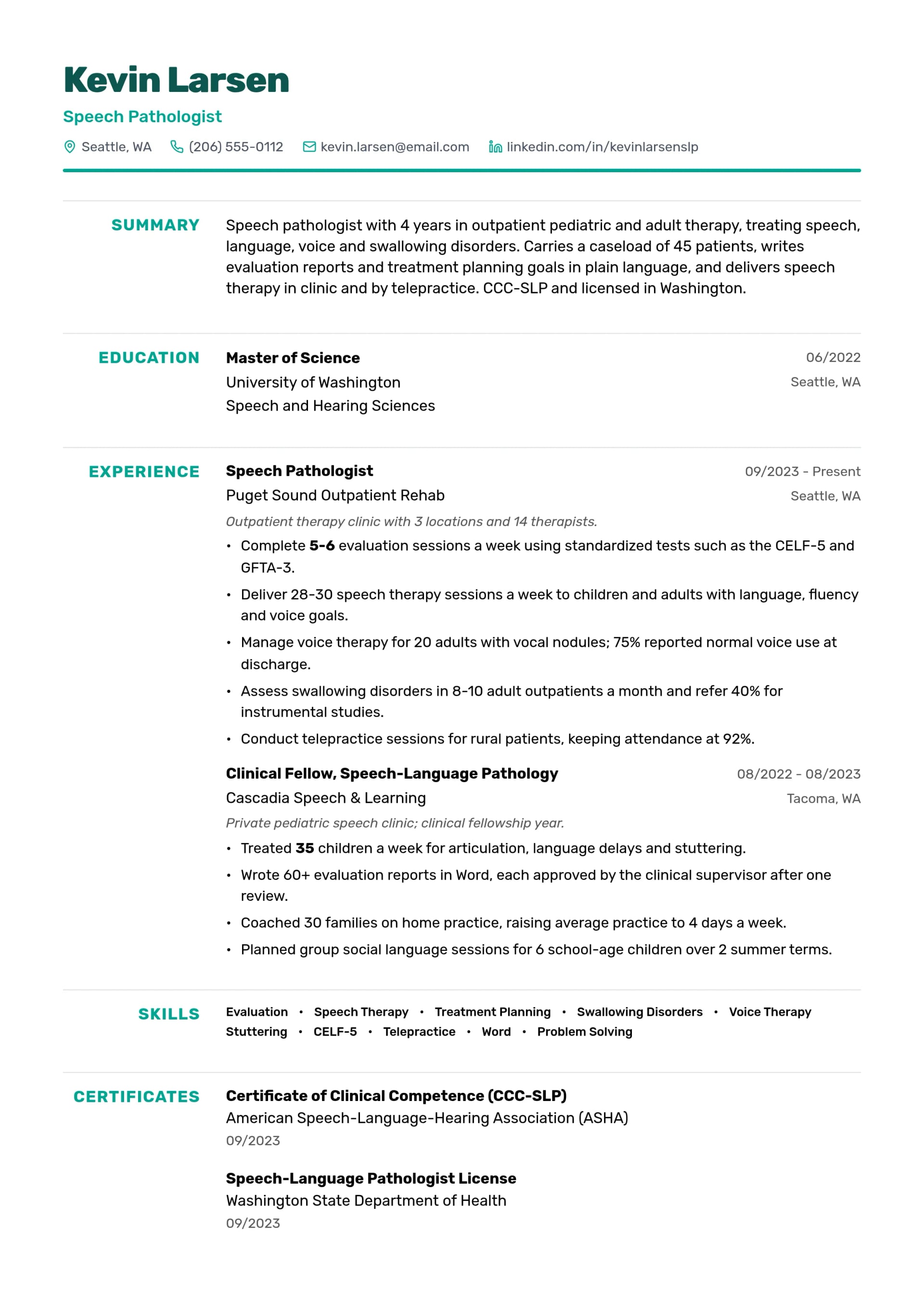 Speech Pathologist resume example