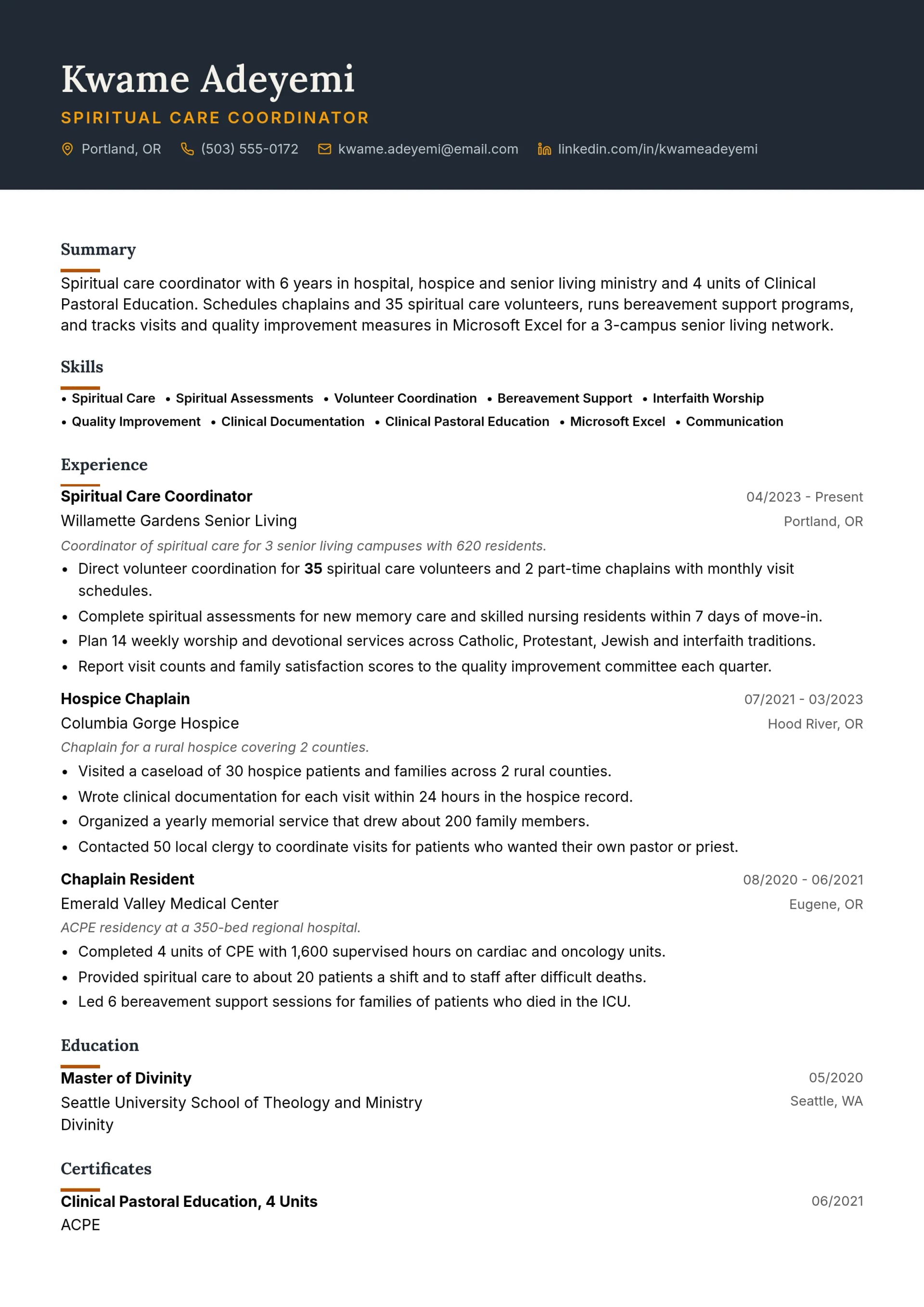 Spiritual Care Coordinator resume example
