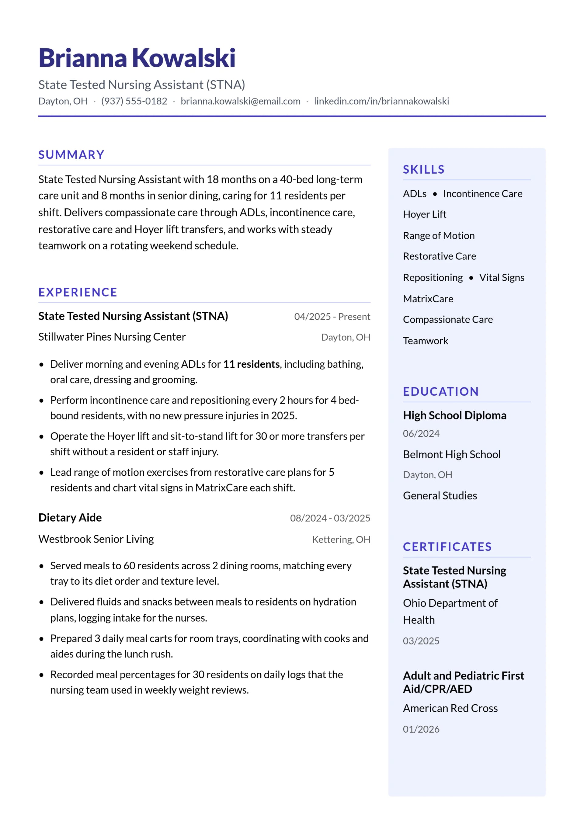 State Tested Nursing Assistant (STNA) resume example