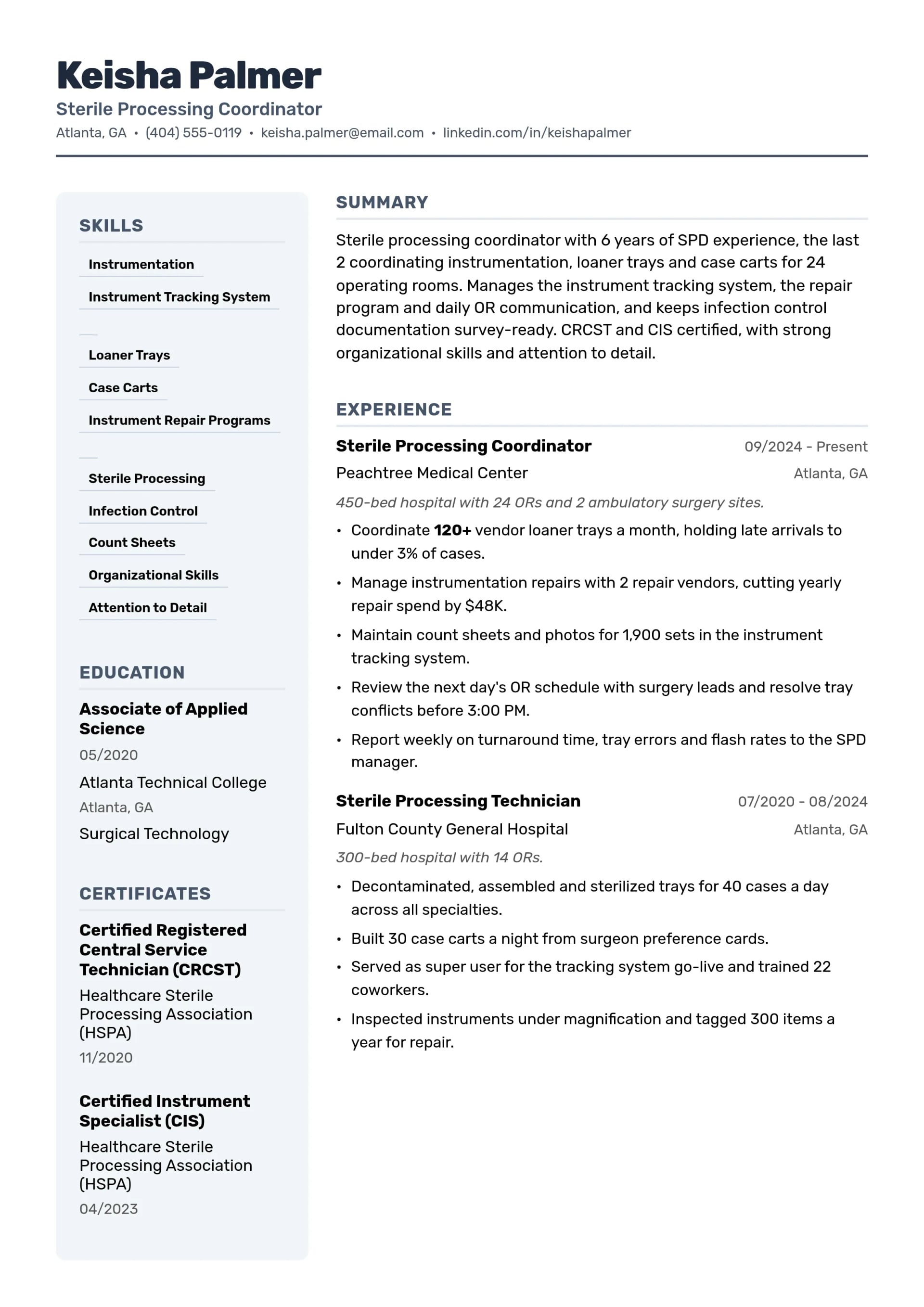 Sterile Processing Coordinator resume example