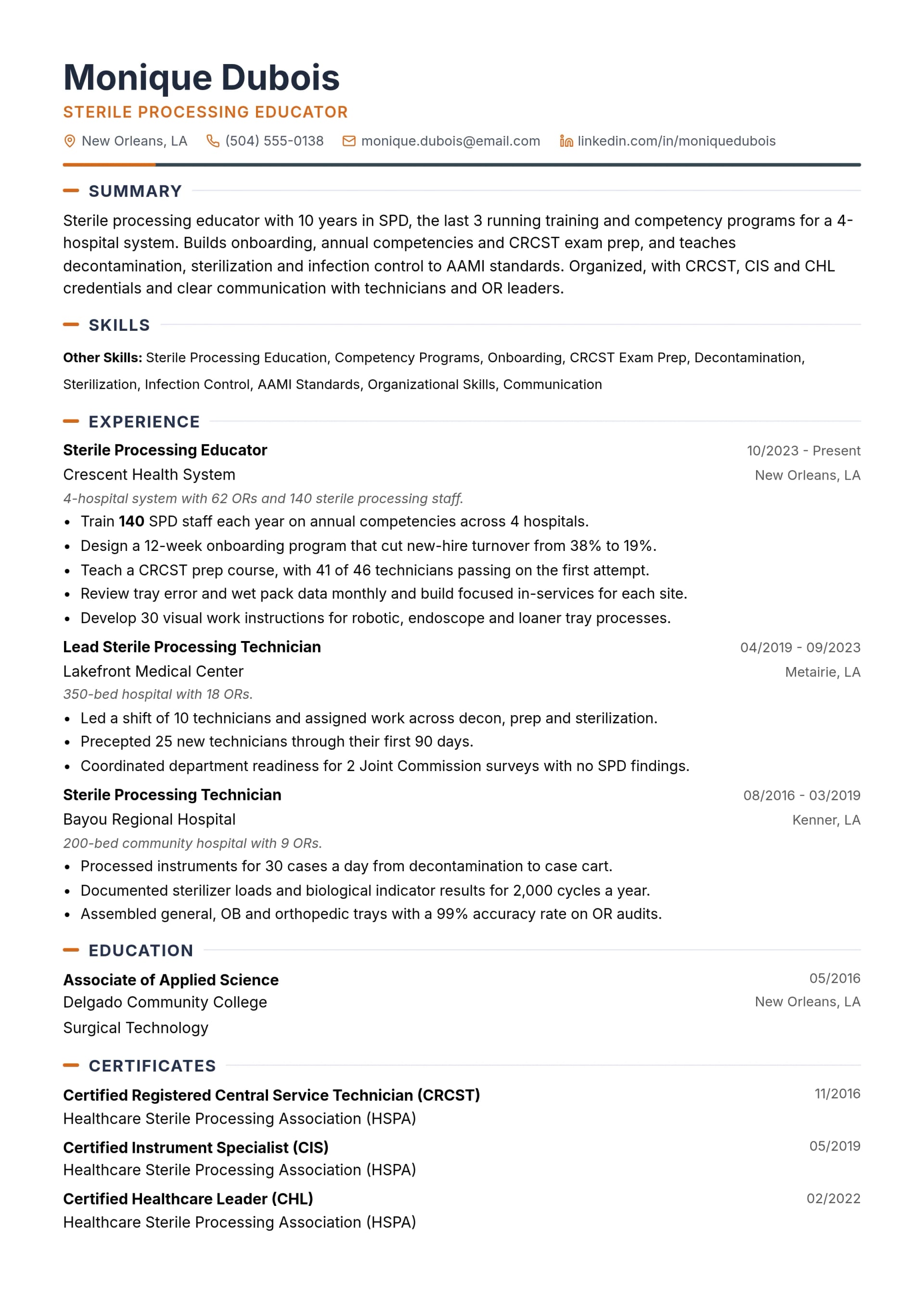 Sterile Processing Educator resume example