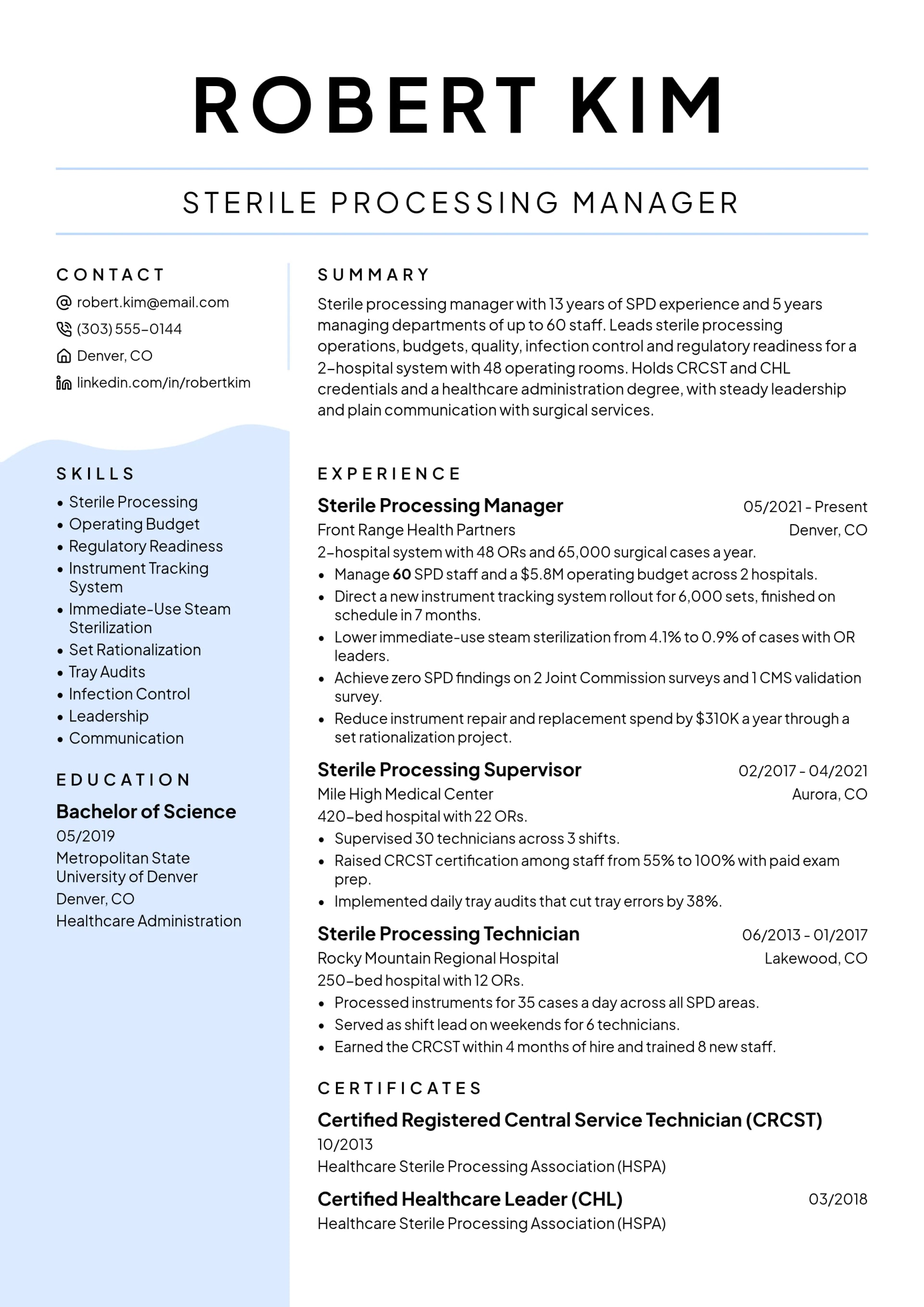 Sterile Processing Manager resume example