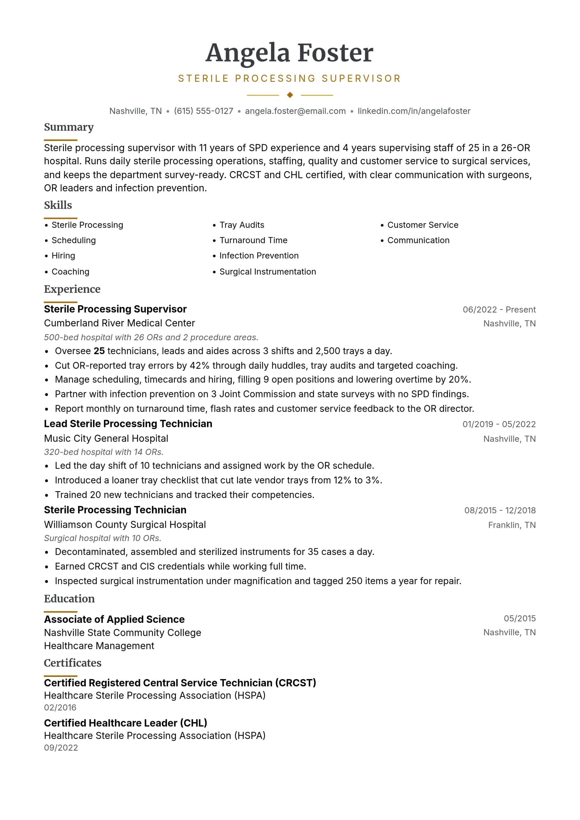Sterile Processing Supervisor resume example