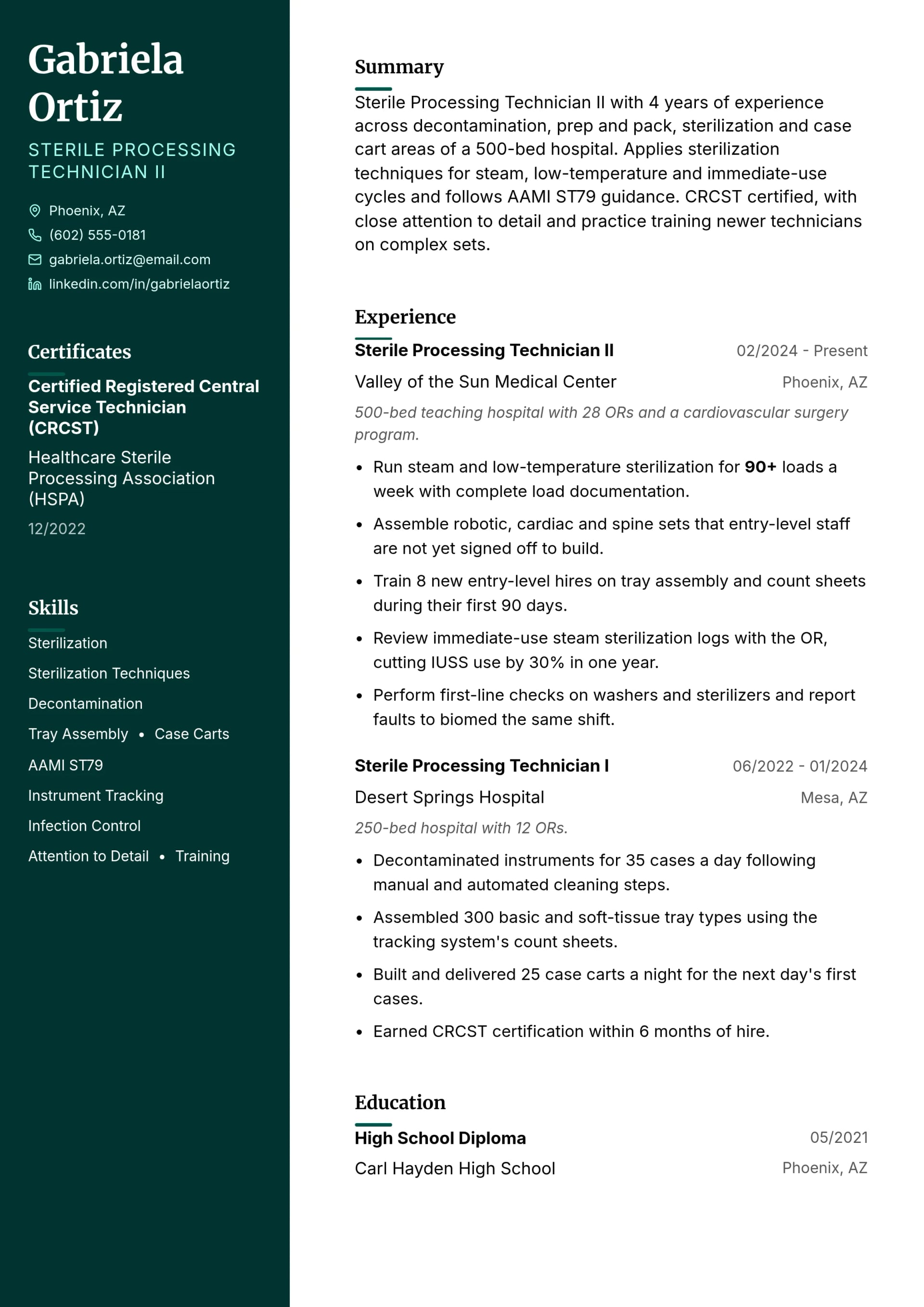 Sterile Processing Technician II resume example