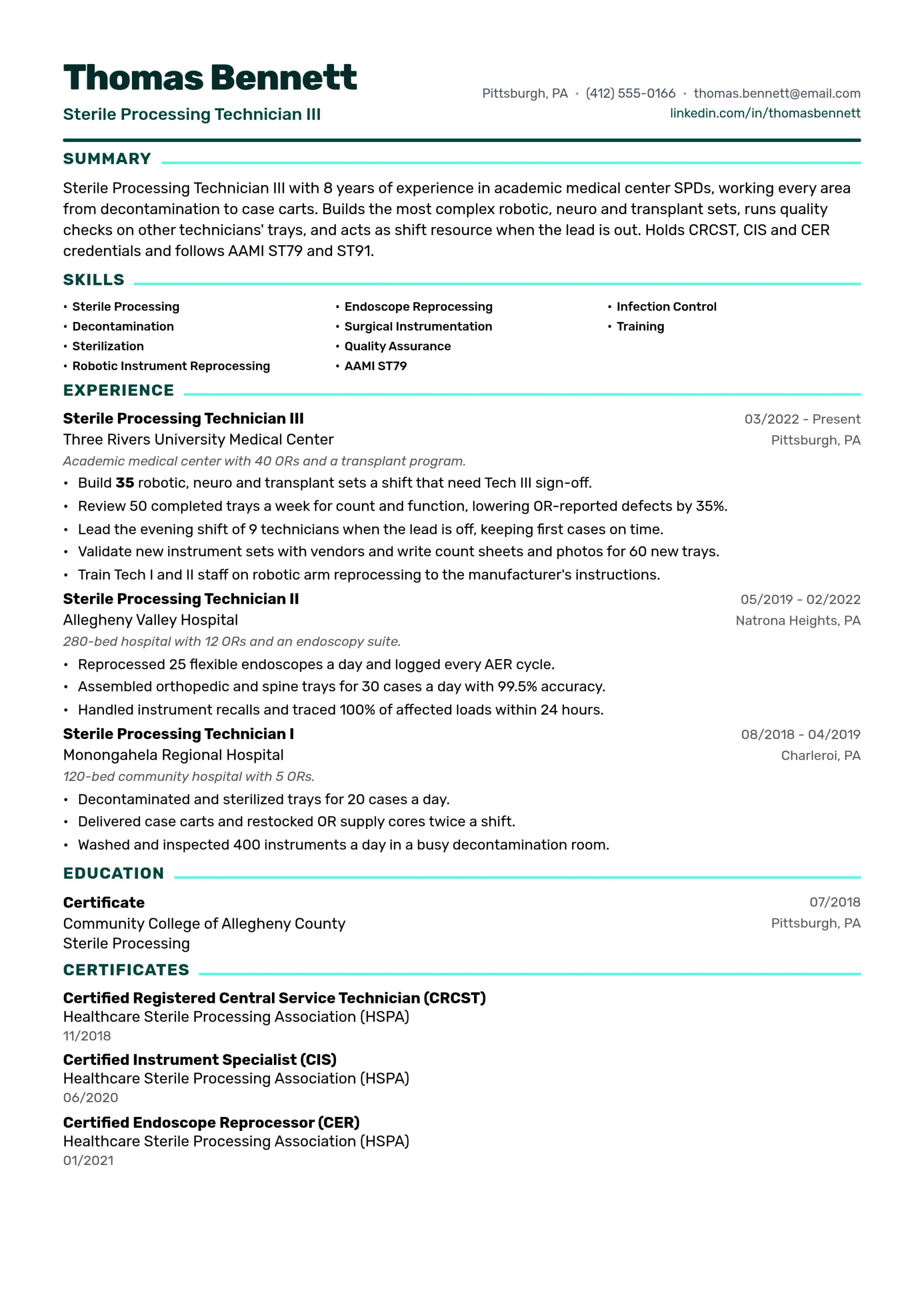 Sterile Processing Technician III resume example