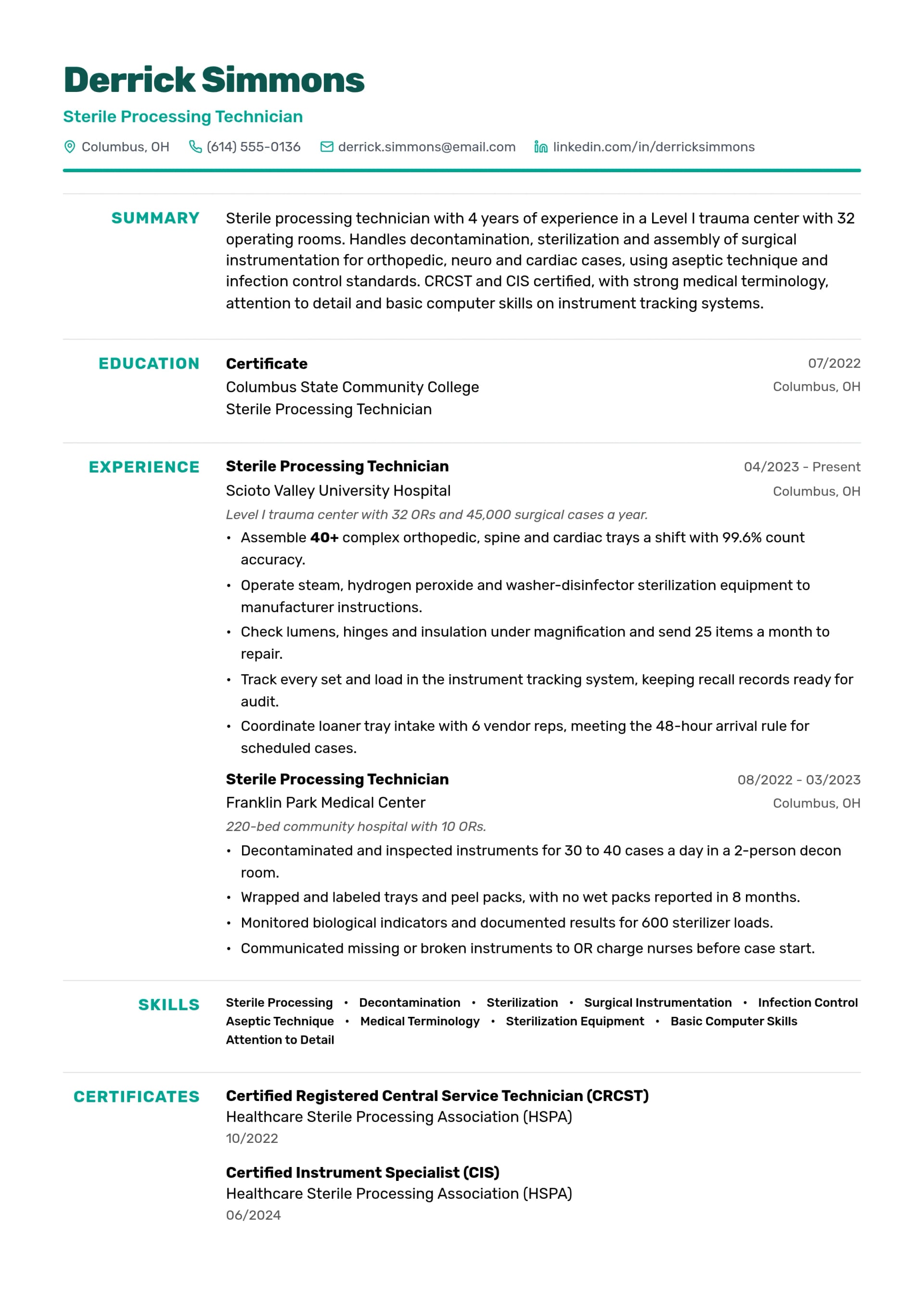 Sterile Processing Technician resume example