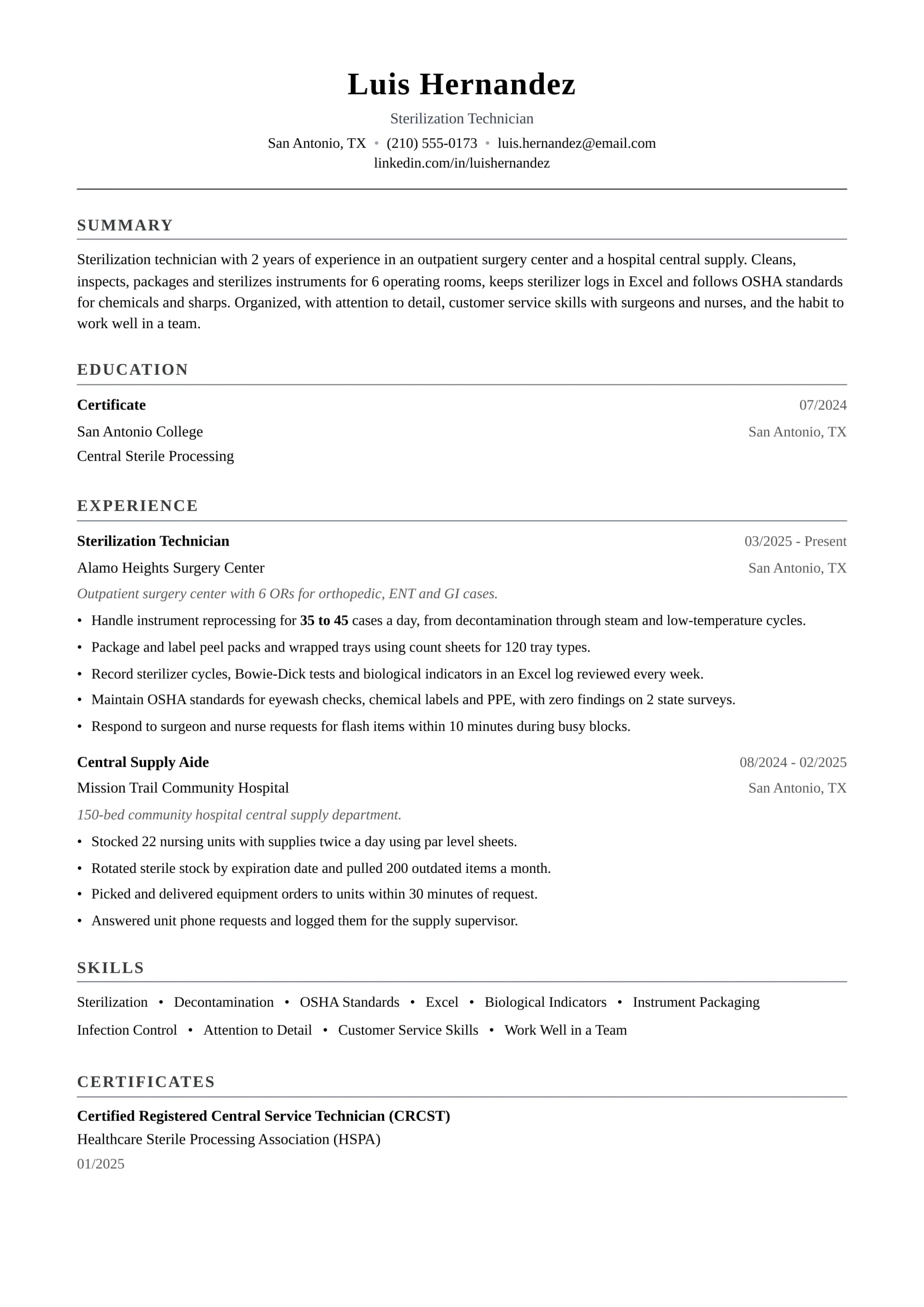 Sterilization Technician resume example