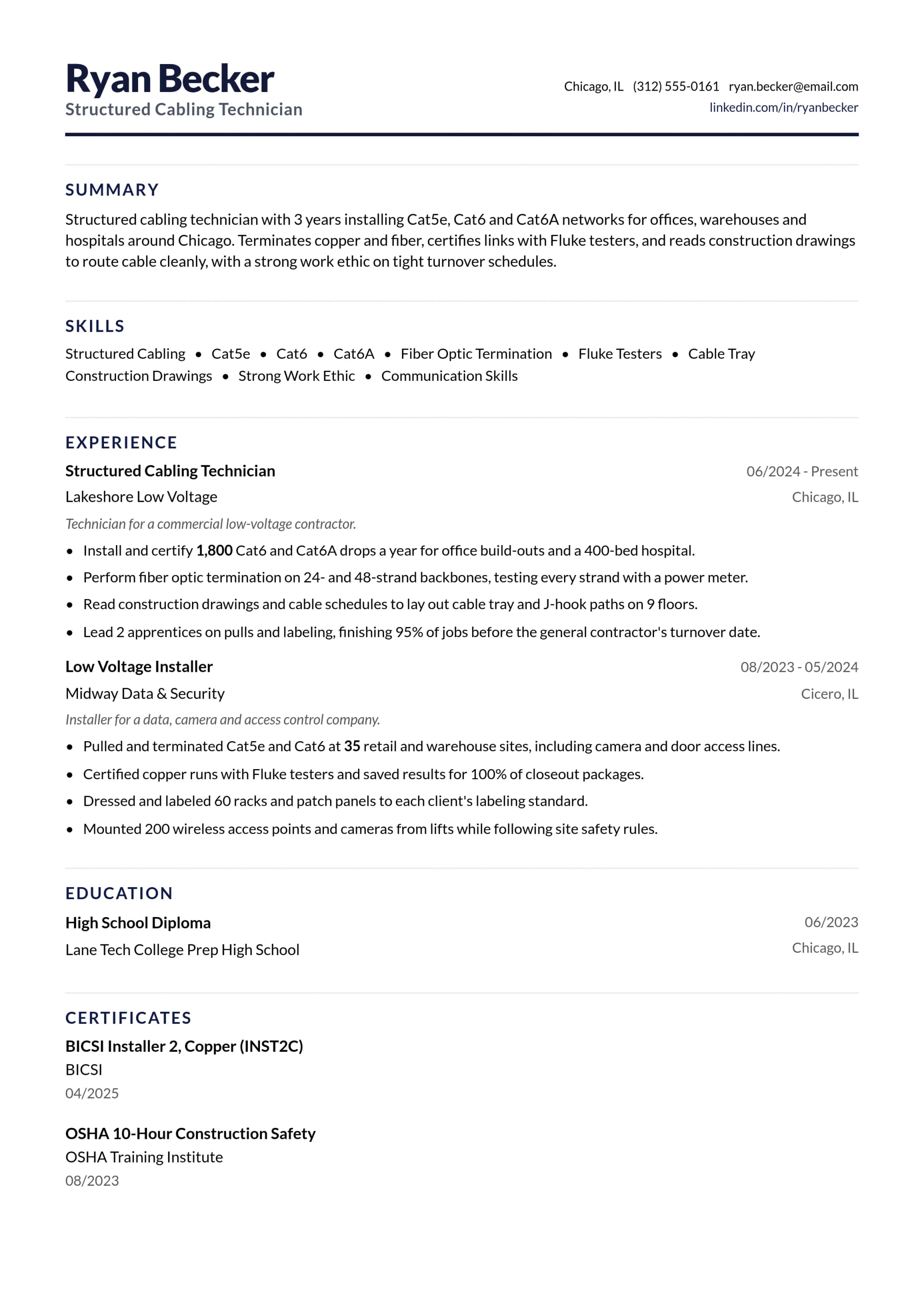 Structured Cabling Technician resume example